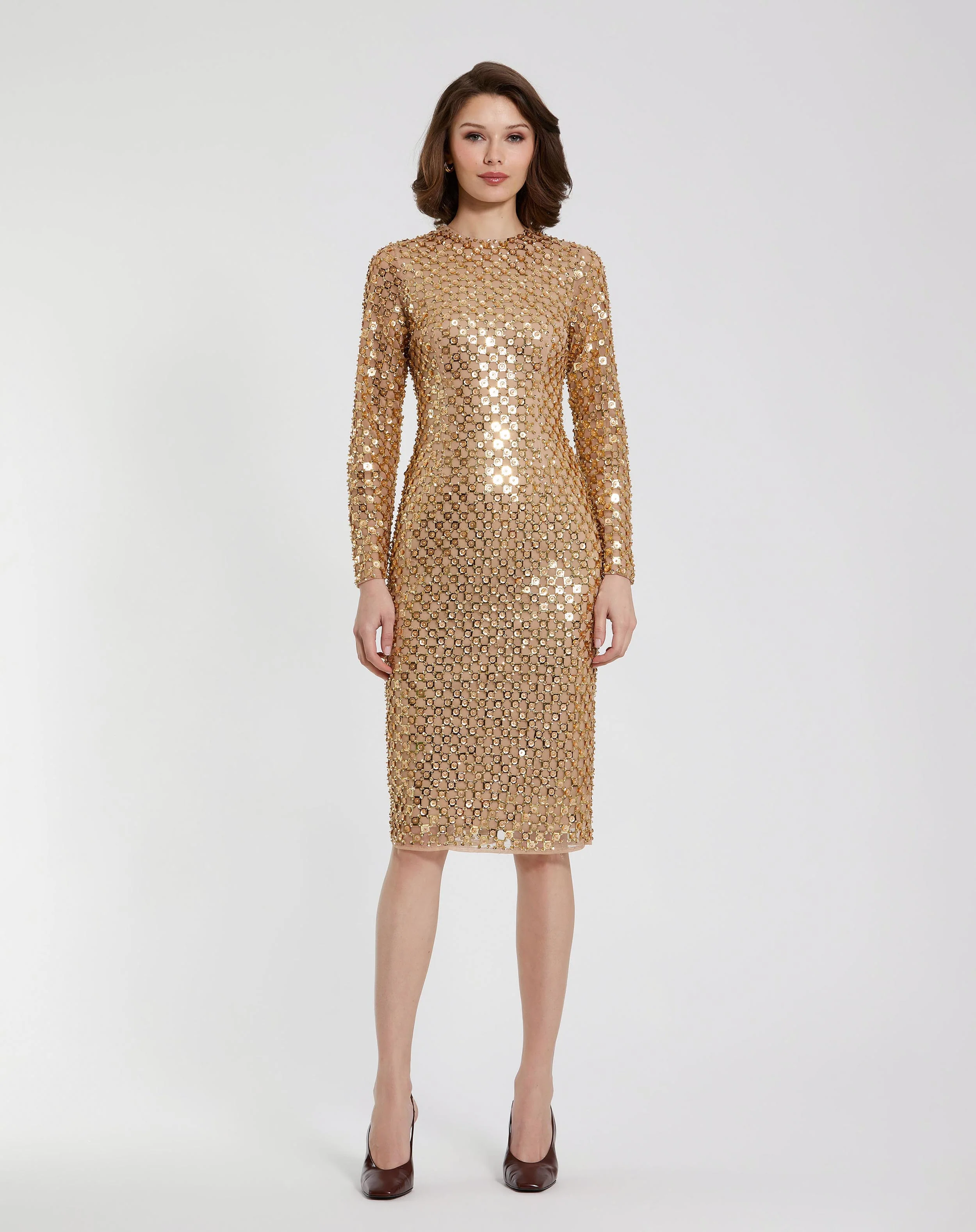 Gold Beaded Georgette Long Sleeve Fitted Midi Dress