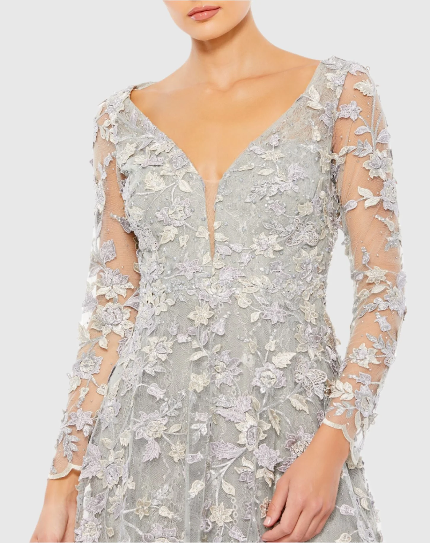 Gray Floral Applique Long Sleeve Illusion Gown
