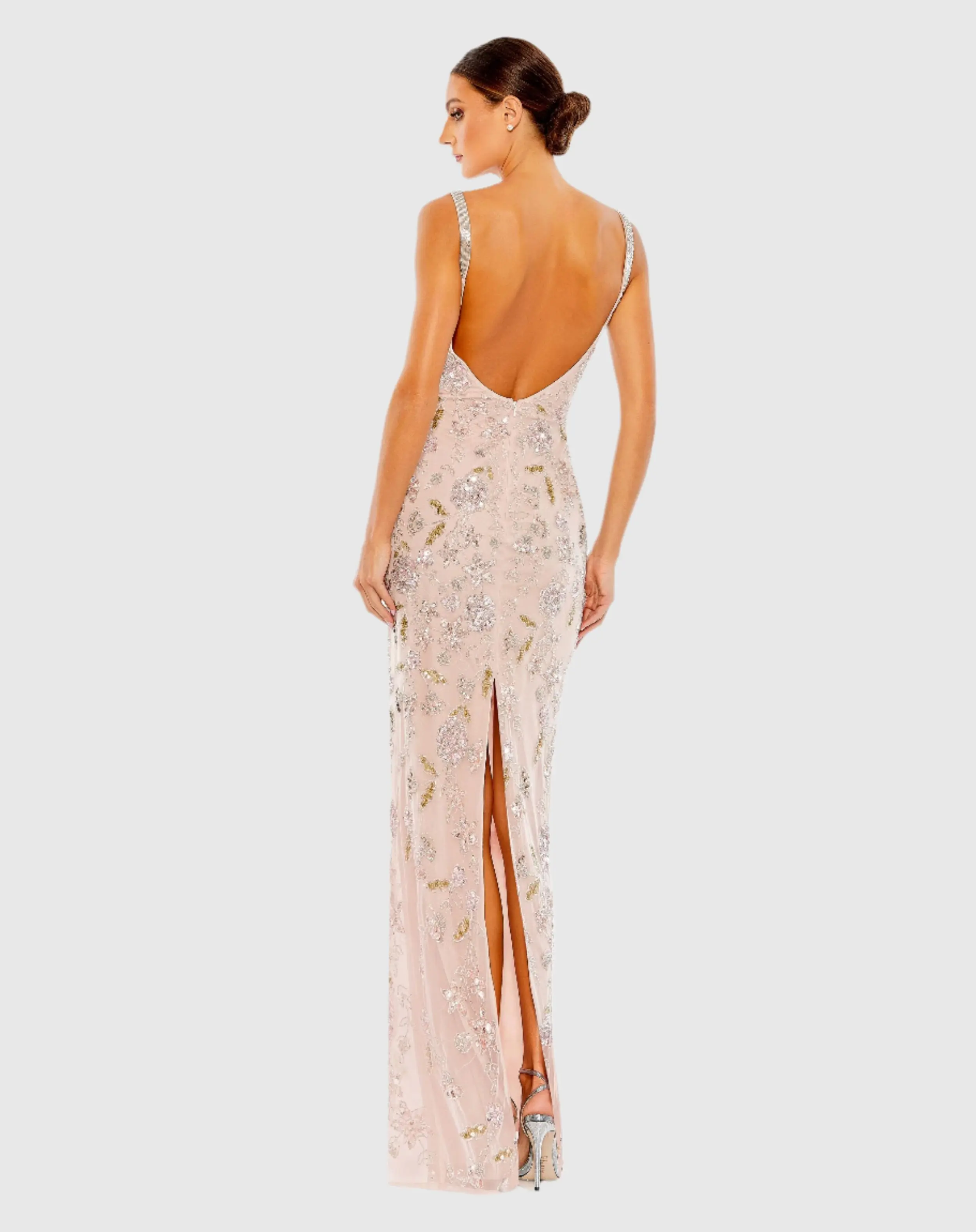 Hand Beaded Floral Gown with Beaded Spaghetti Straps