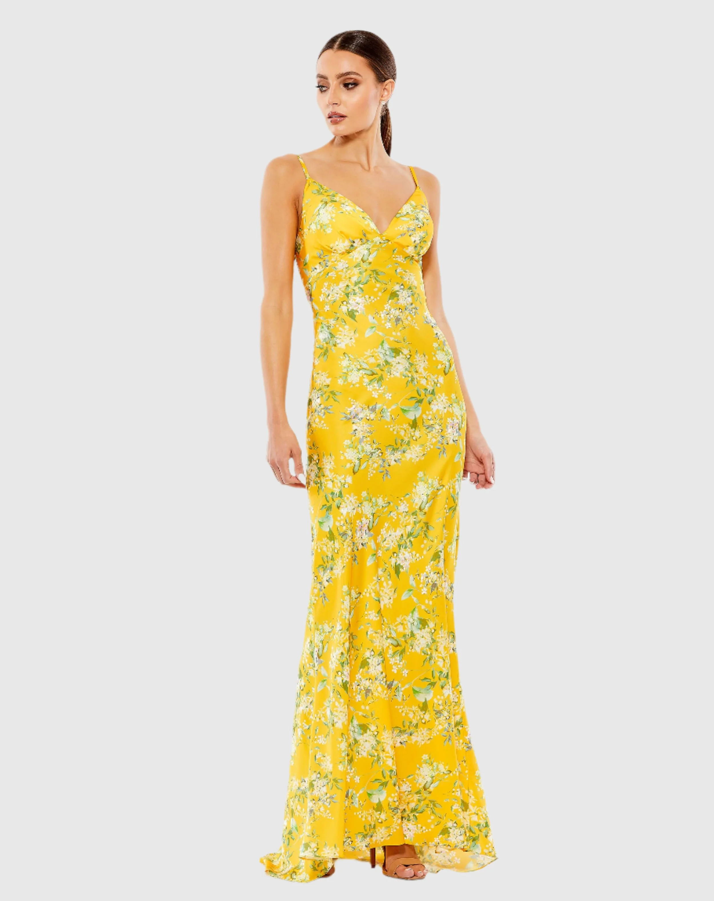 Floral Print Empire Waist Bias Cut Sleeveless Trumpet Gown