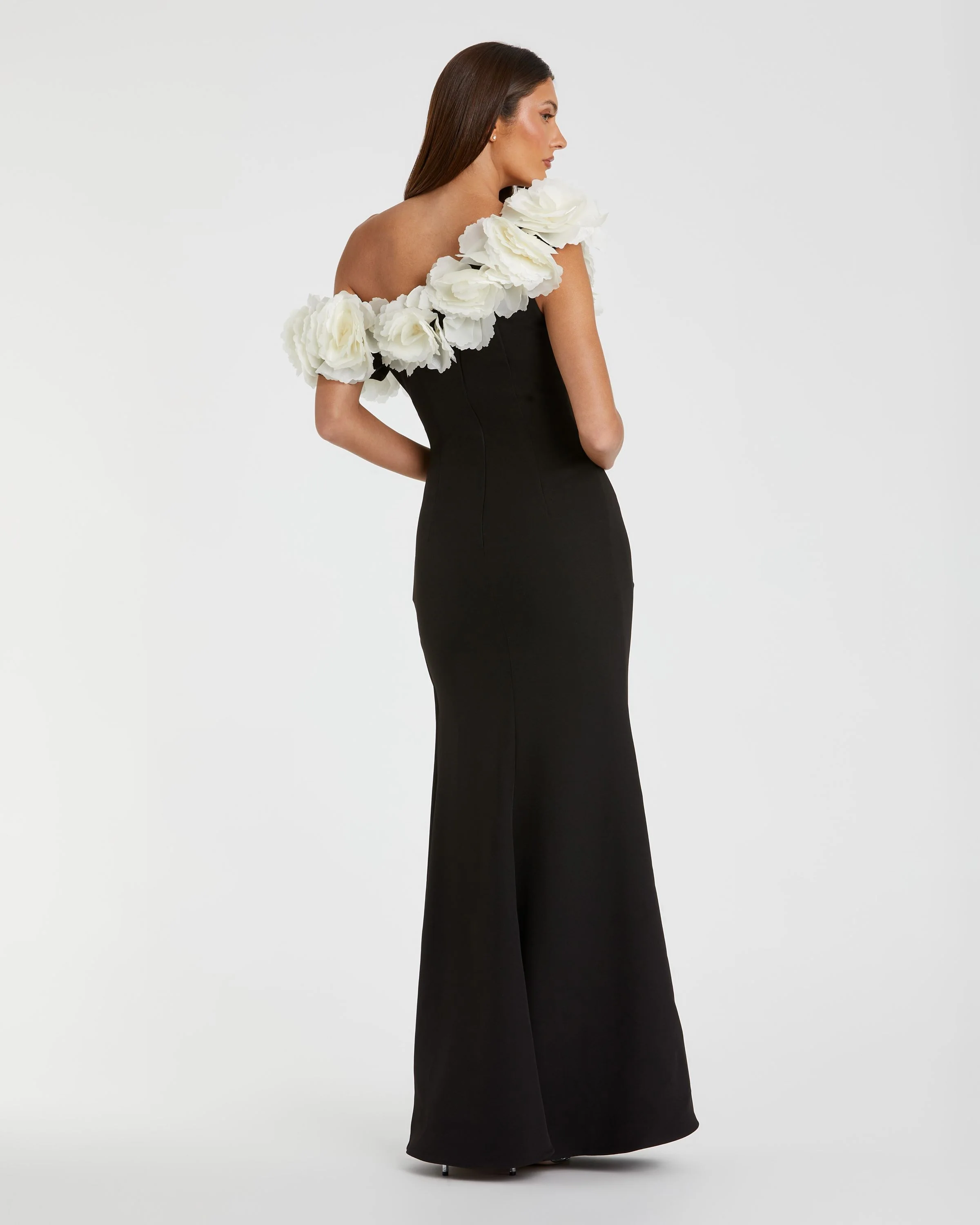 Black and White Jersey Gown With 3D Flower Off The Shoulder Detail