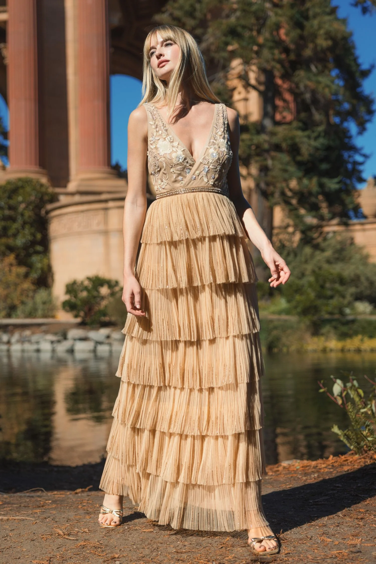Beige Beaded Mesh V Neck Gown With Tiered Ruffles