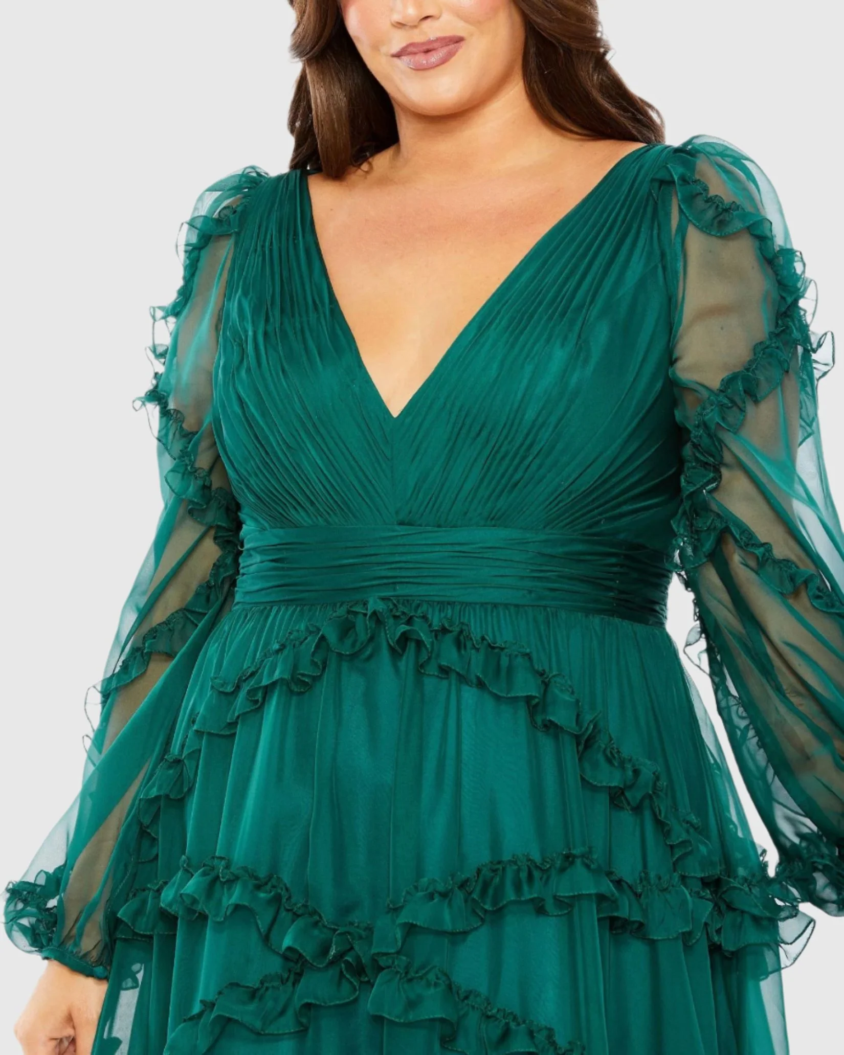 Green V Neck Ruffle Tiered Puff Sleeve Gown