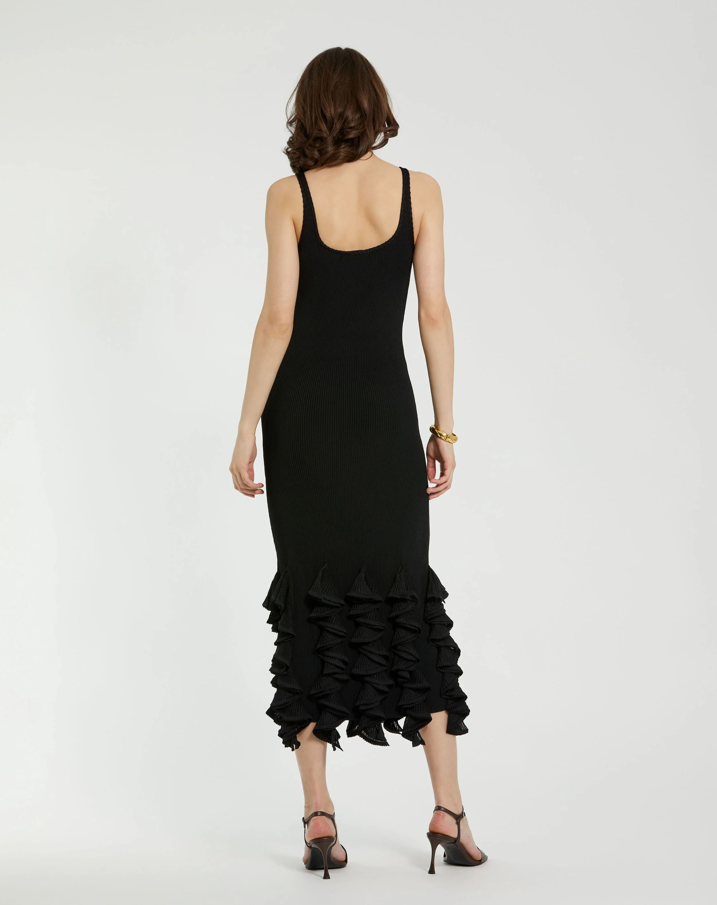 Black Rib Knit Sleeveless Midi Dress With Ruffle Hem