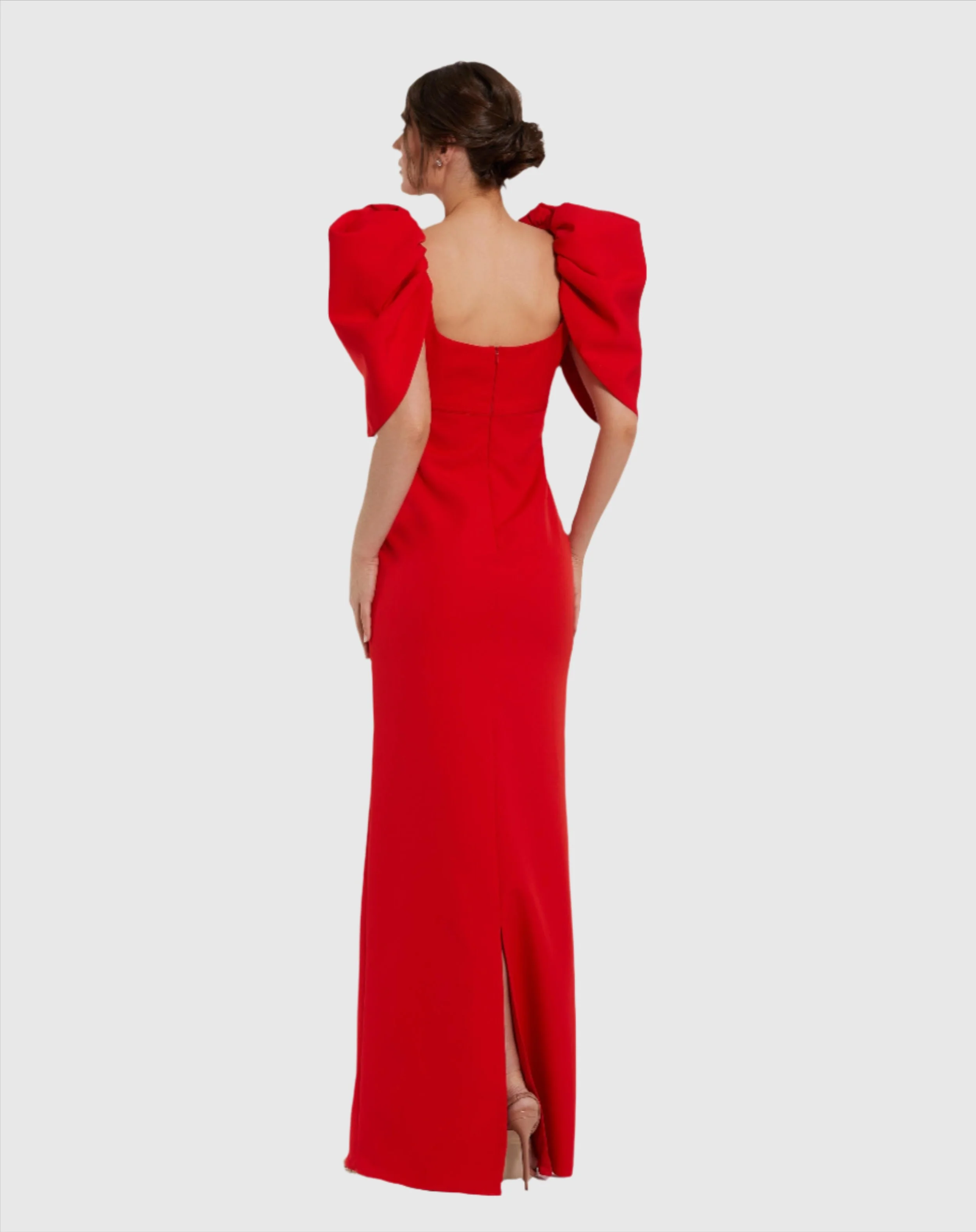Red Fitted Crepe Scoop Neck Gown With Puff Sleeves