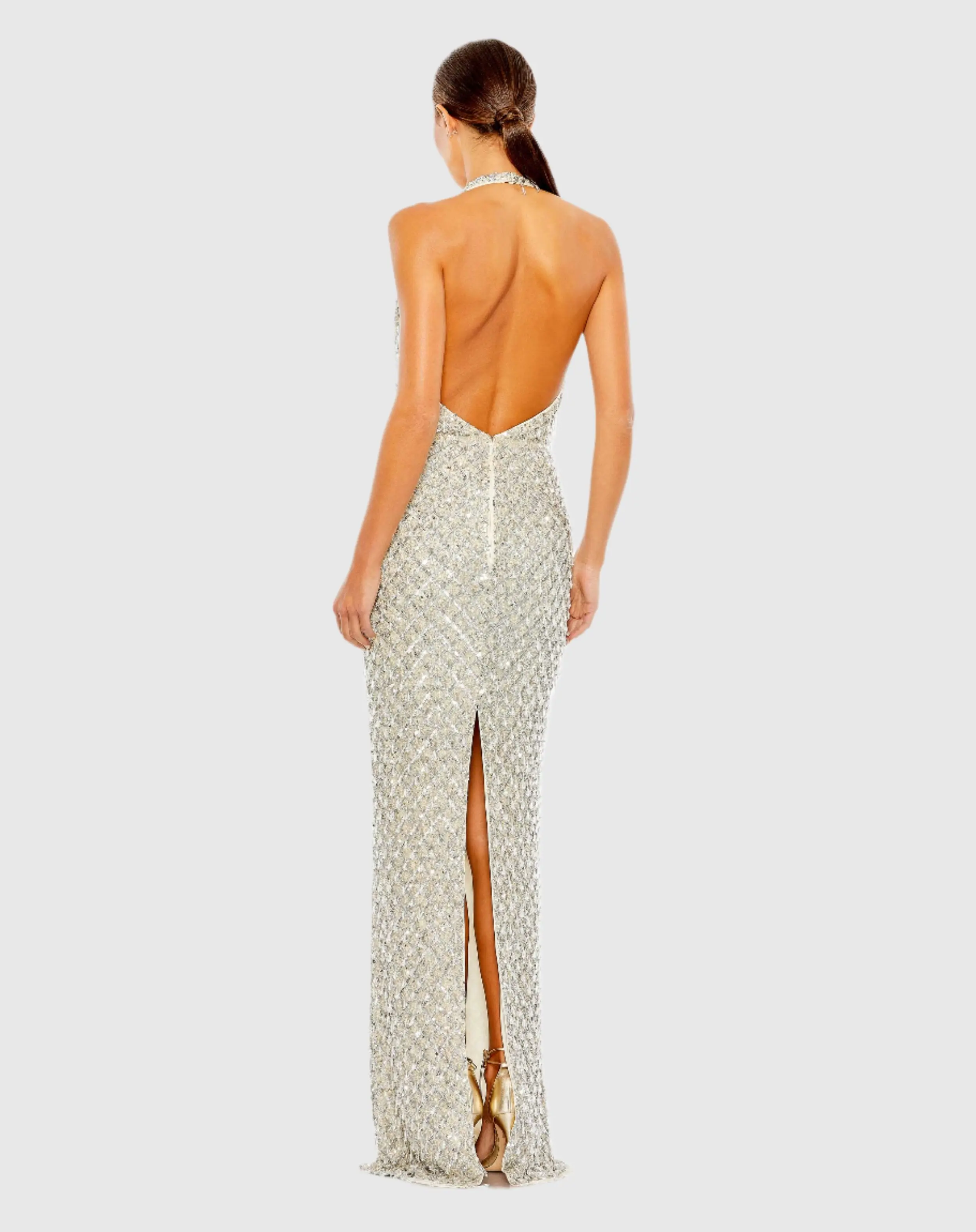Sequined Crystal Fringe Halter Strap Gown
