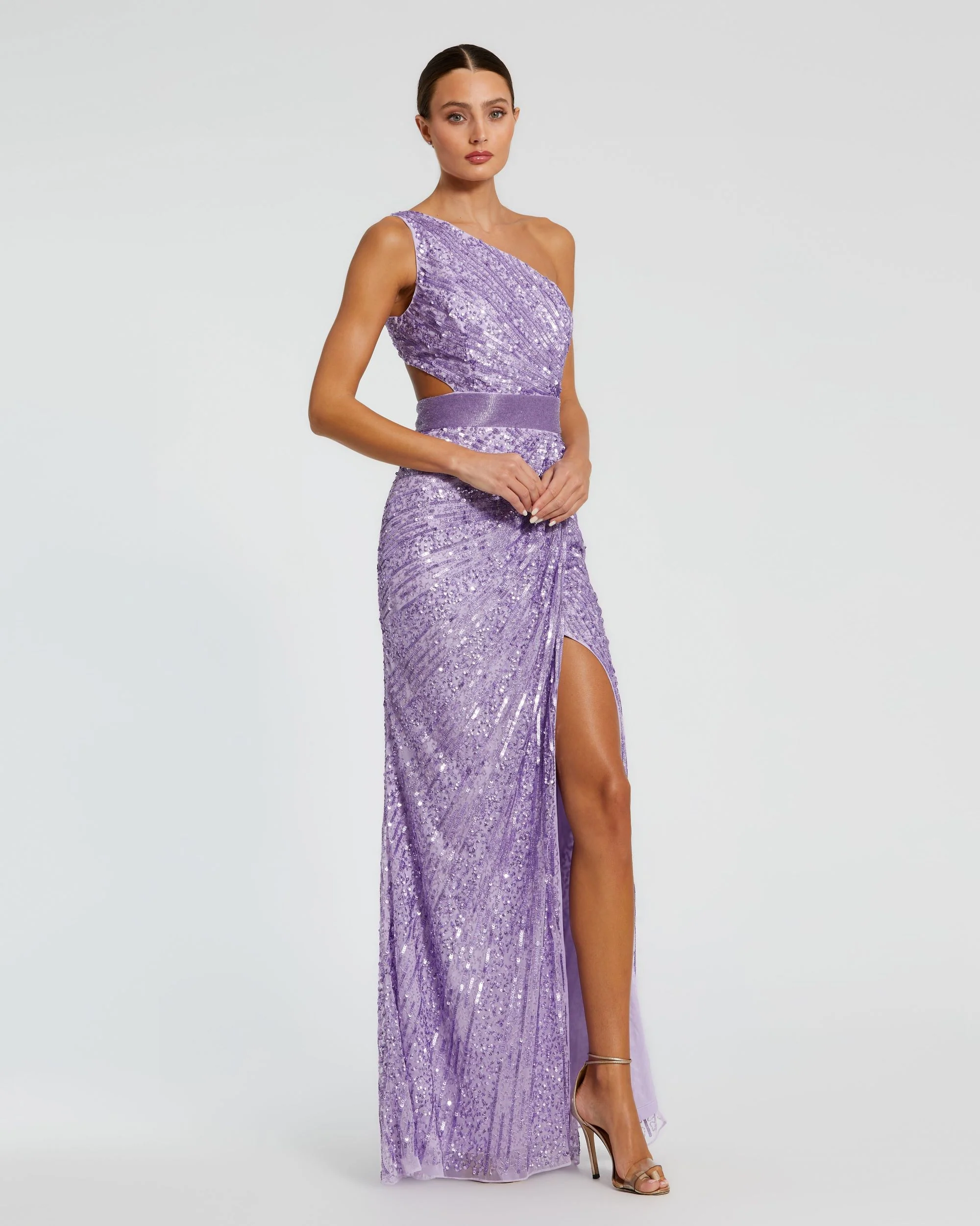 Purple Sequined One Shoulder Draped Lace Up Gown
