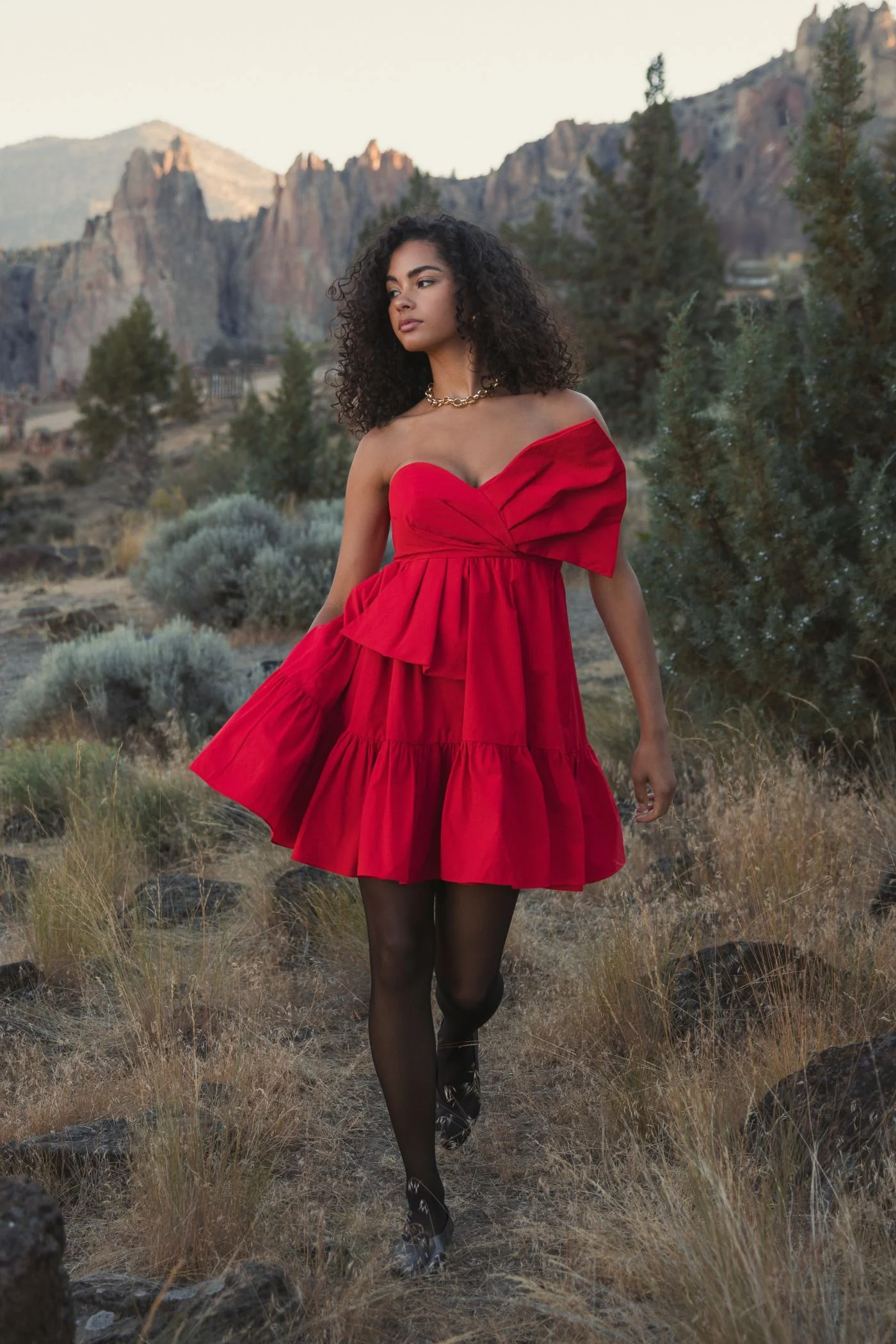 Red Faille Strapless Twist Bow Mini Dress
