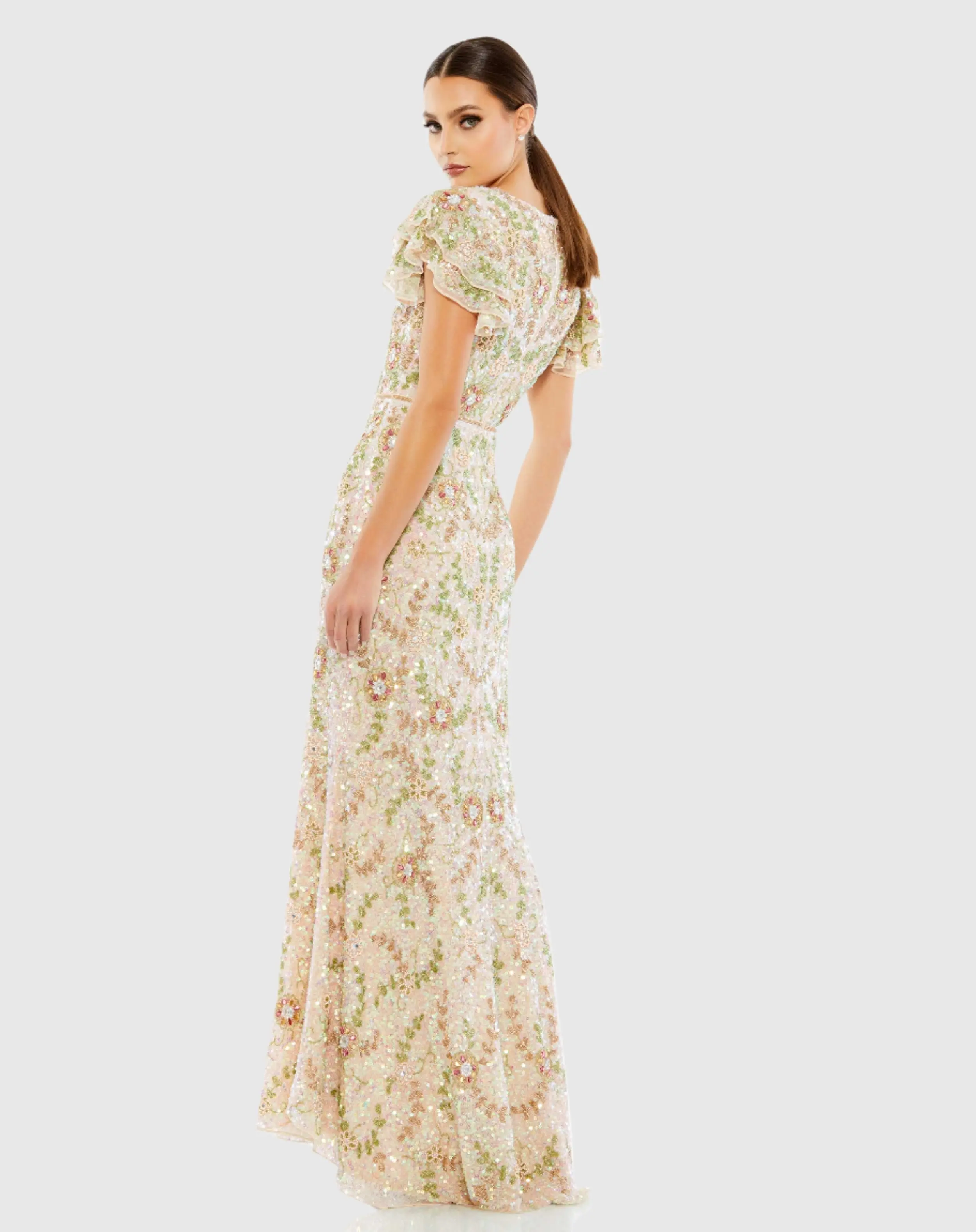 Embellished Ruffled Cap Sleeve V Neck Gown