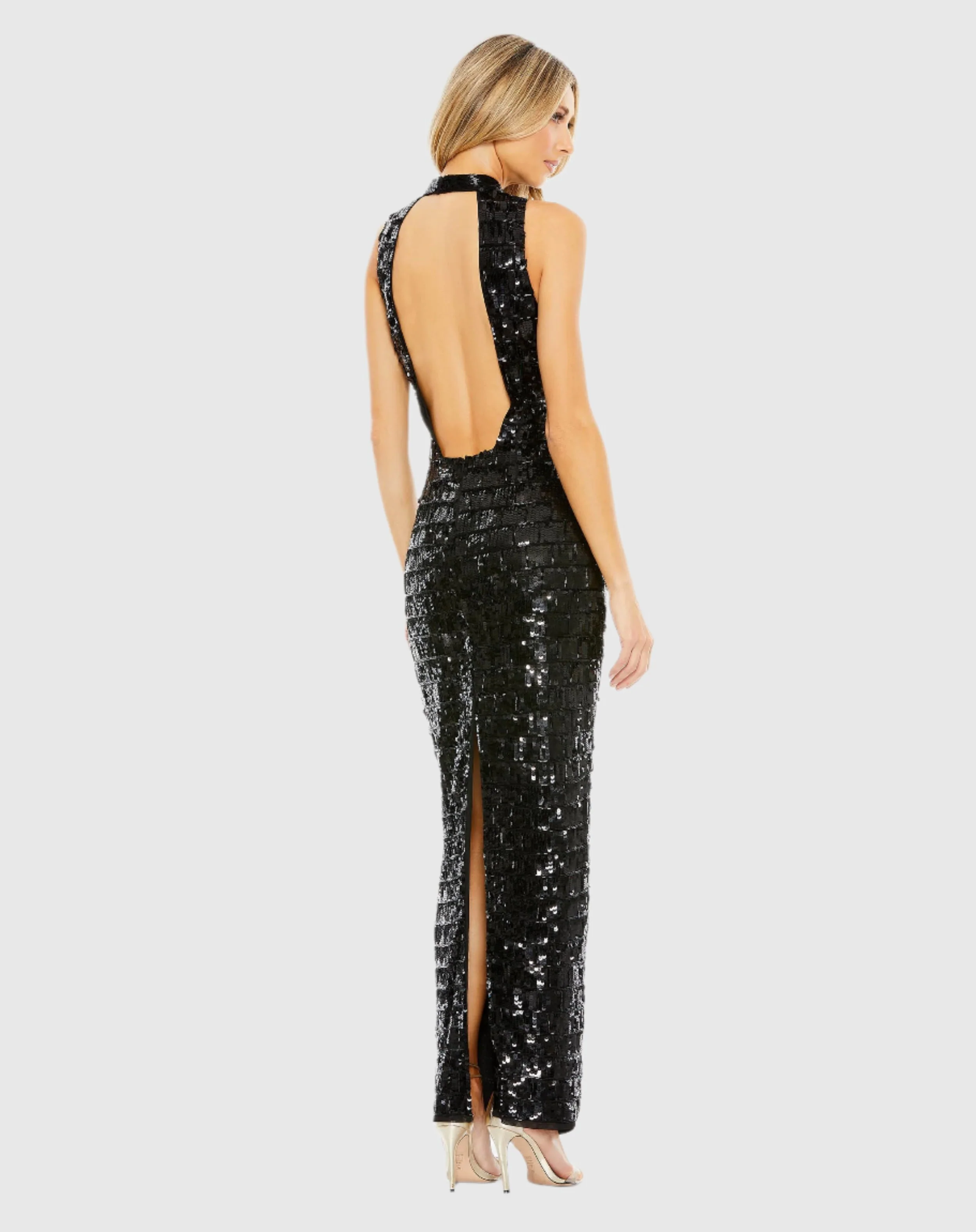 Black Embellished High Neck Sleeveless Column Gown