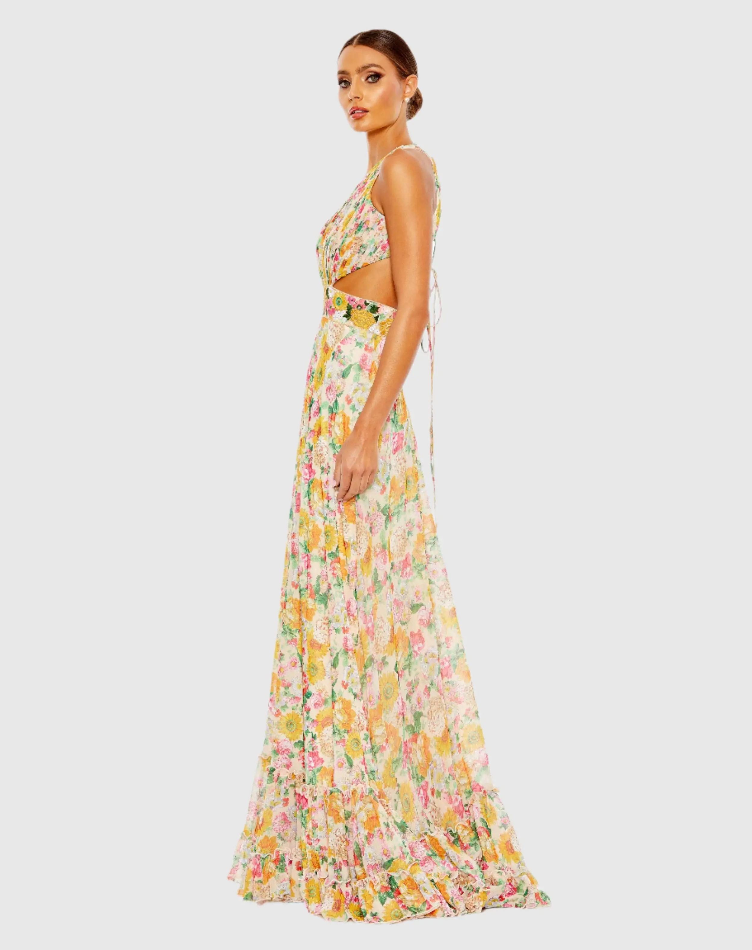 Floral Print Cut Out Lace Up Tiered Gown - FINAL SALE