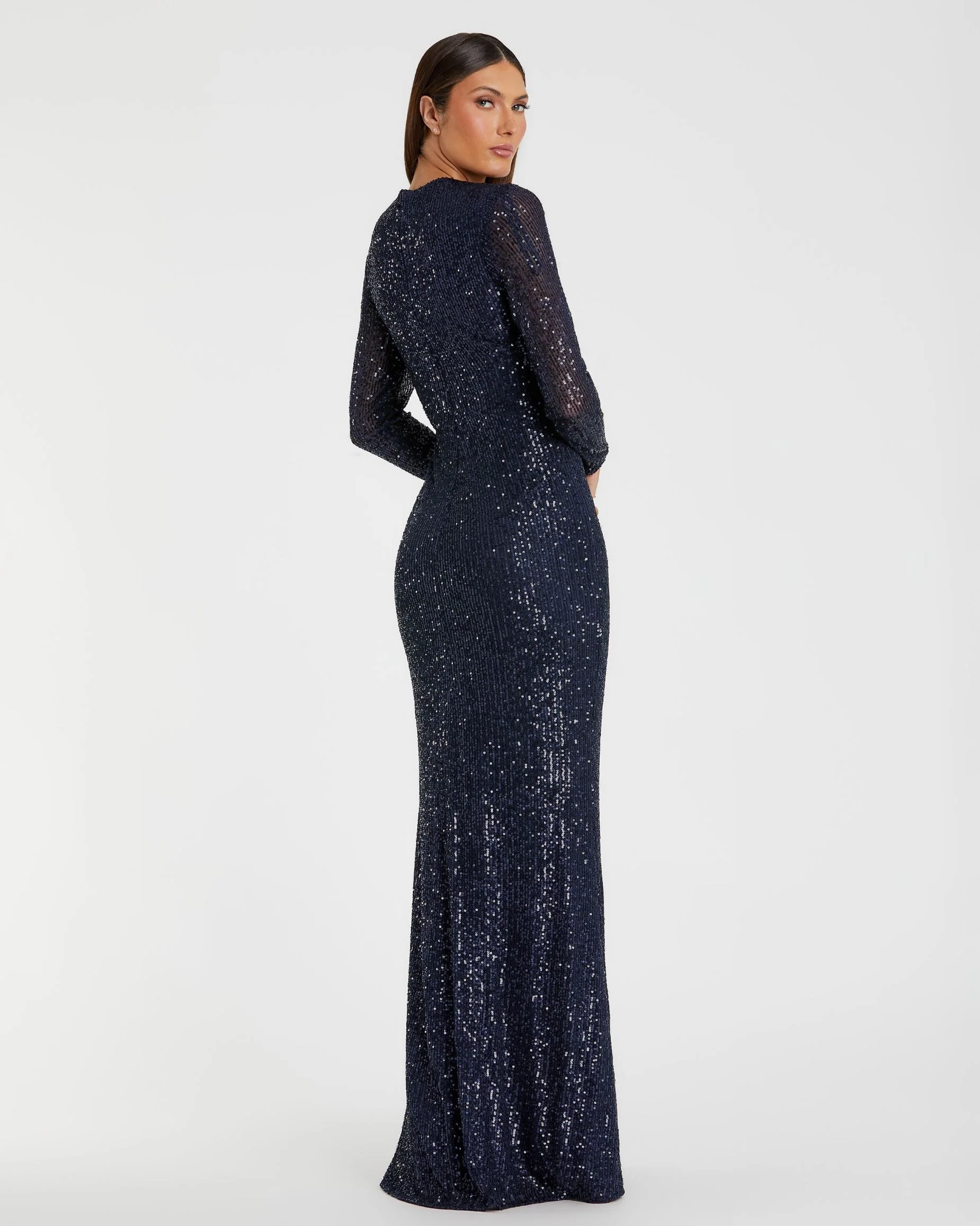 Navy Sequined Long Sleeve Side Knot Gown