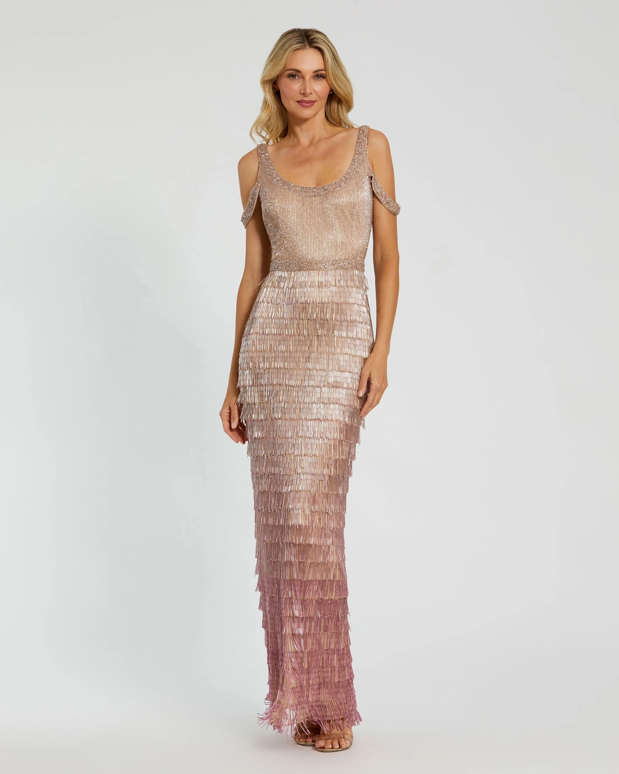 Pink Scoop Neck Embellished Fringe Gown
