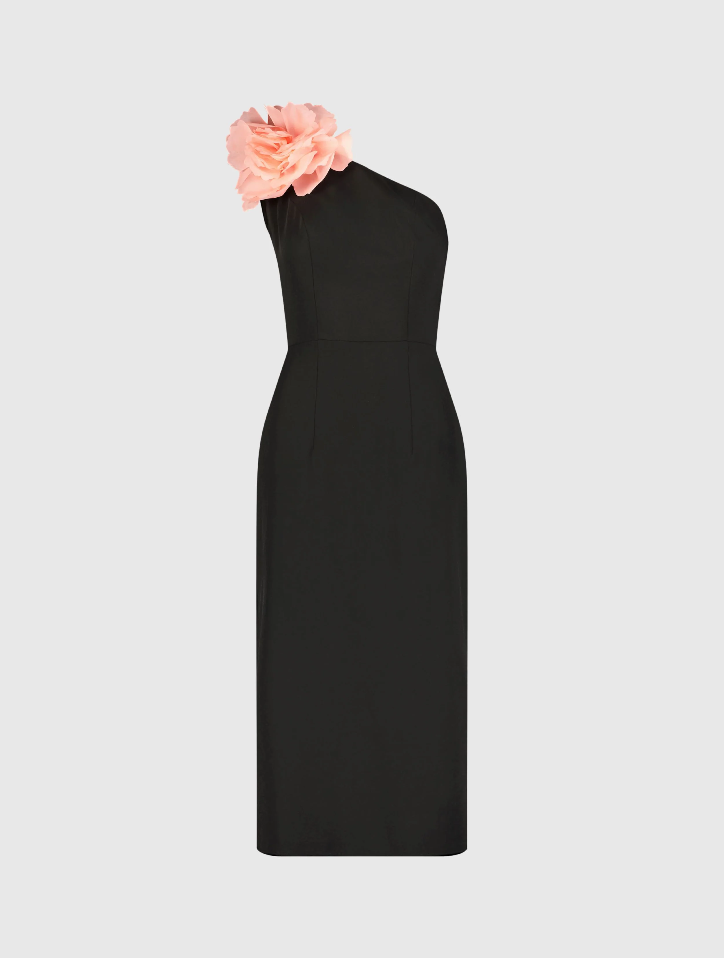 Black Crepe One Shoulder Midi Dress With Flower