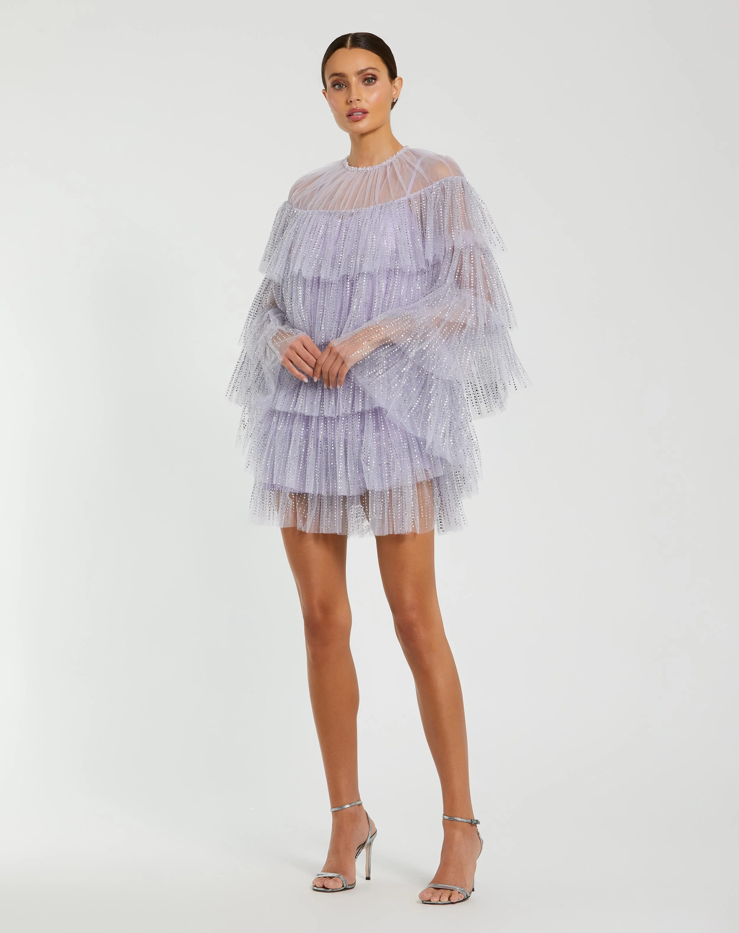 Purple High Neck Tiered Ruffle Pearl Beaded Cape Dress