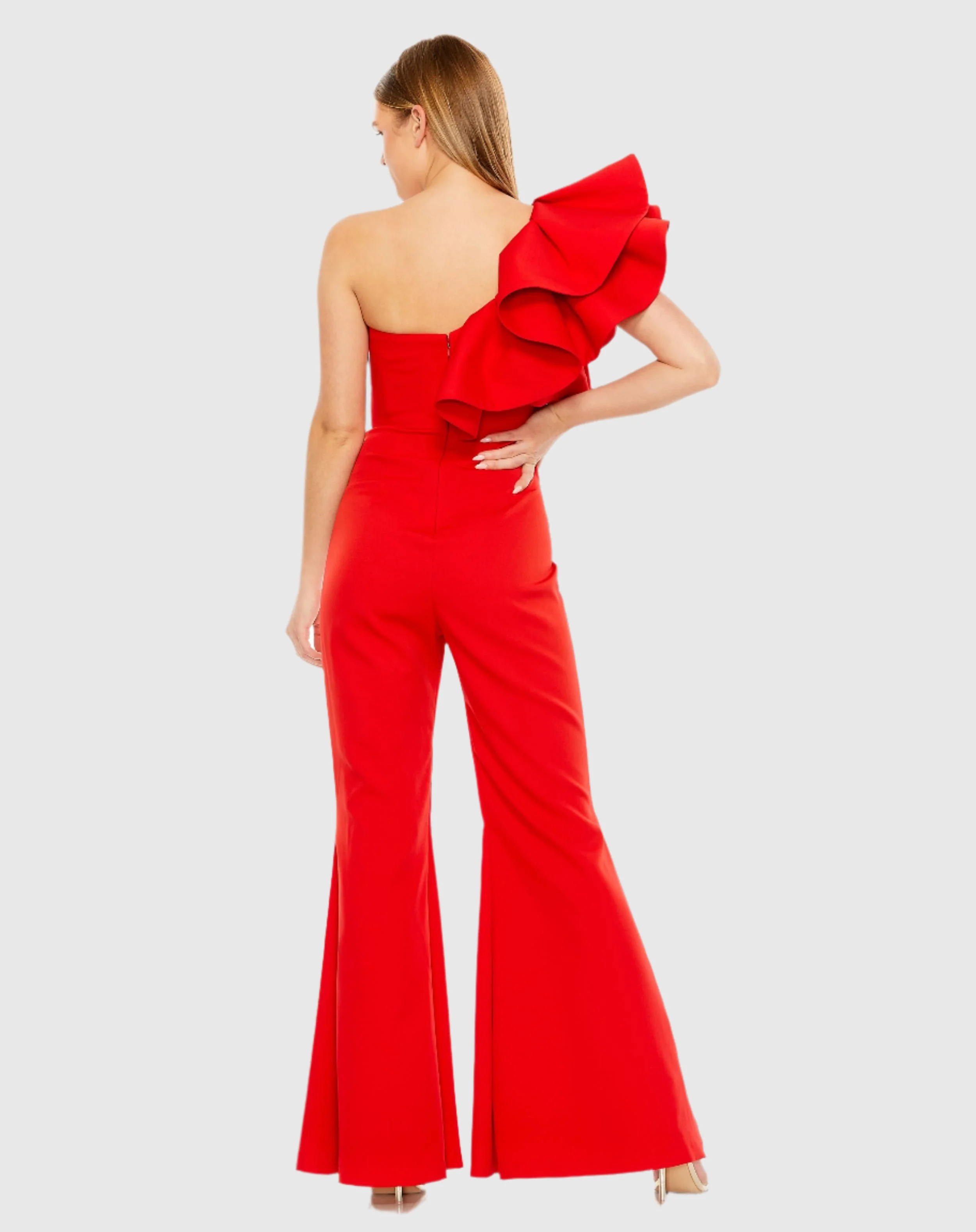 Red One Shoulder Ruffle Detail Flare Pant Jumpsuit