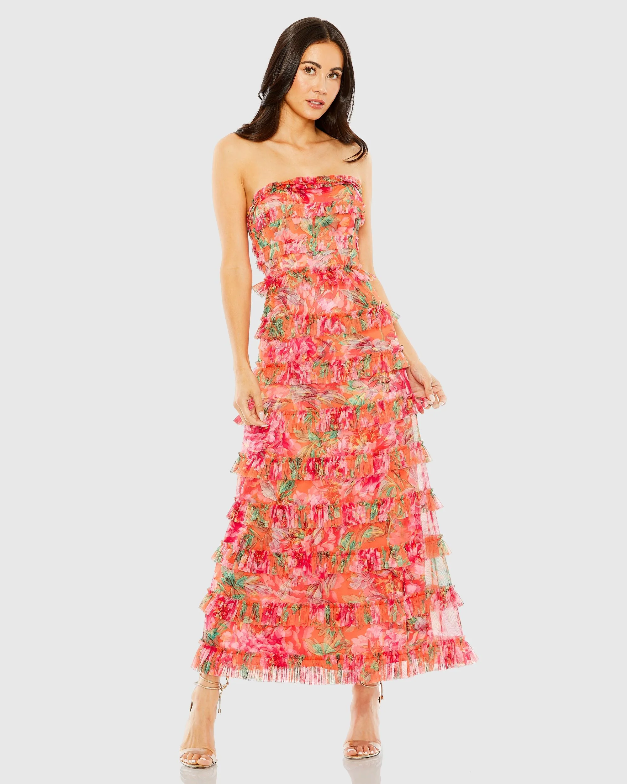 Multicolor Strapless Micro Ruffle Dress