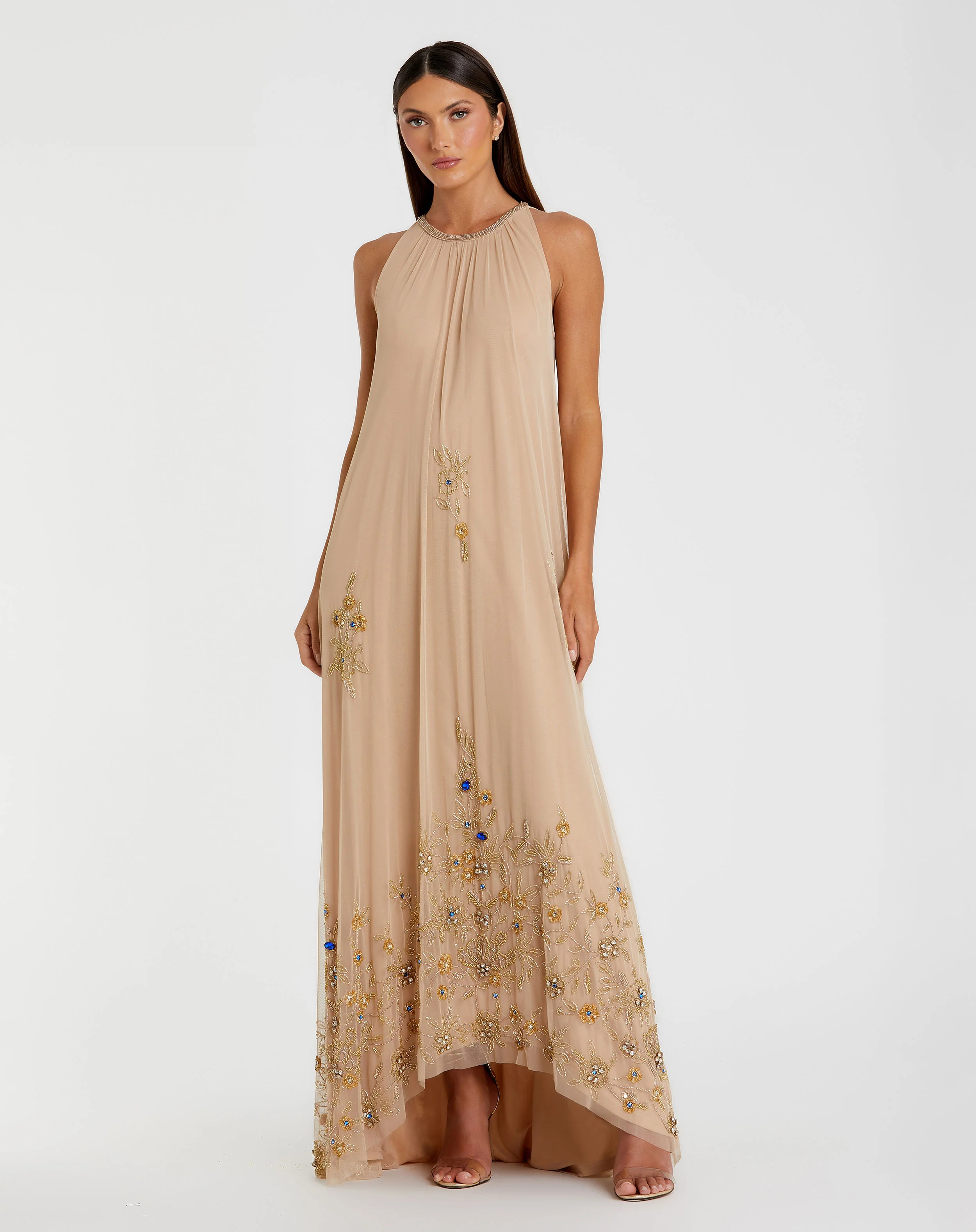 Beige High Neck Floral Embellished Trapeze Gown