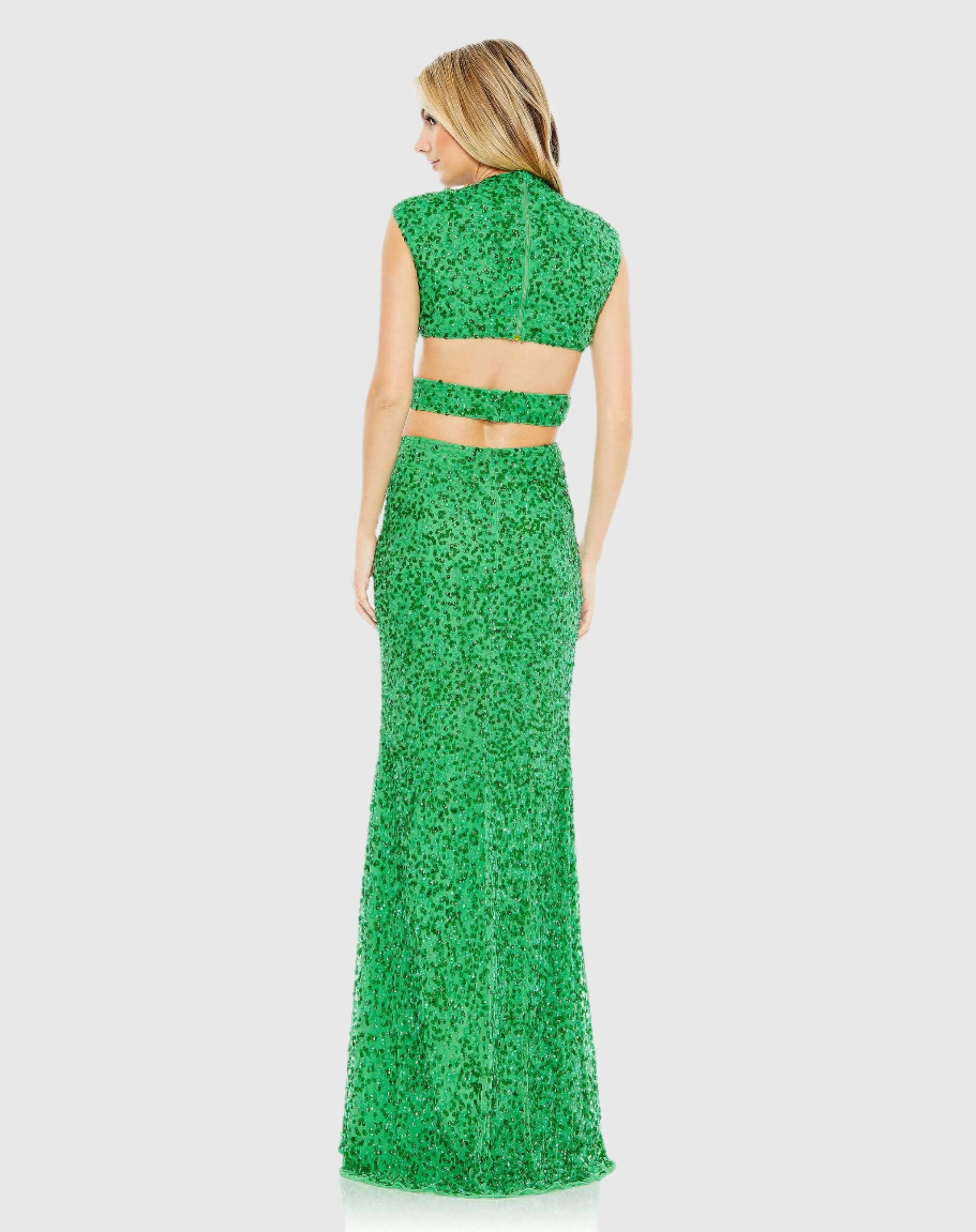 Green Sequined Cap Sleeve Plunge Neck Cut Out Gown