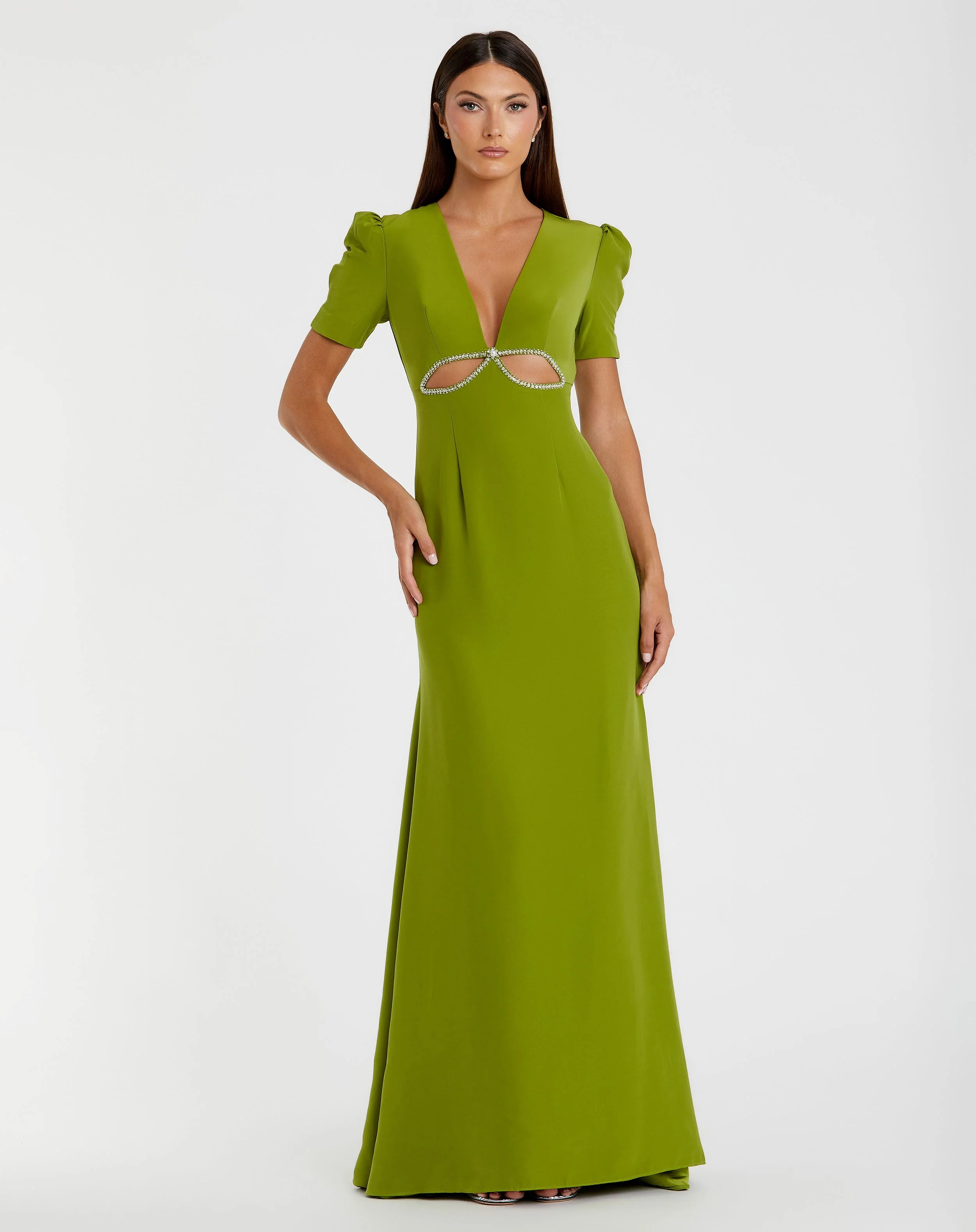 Green Plunge Neck Puff Sleeve Cut Out Gown