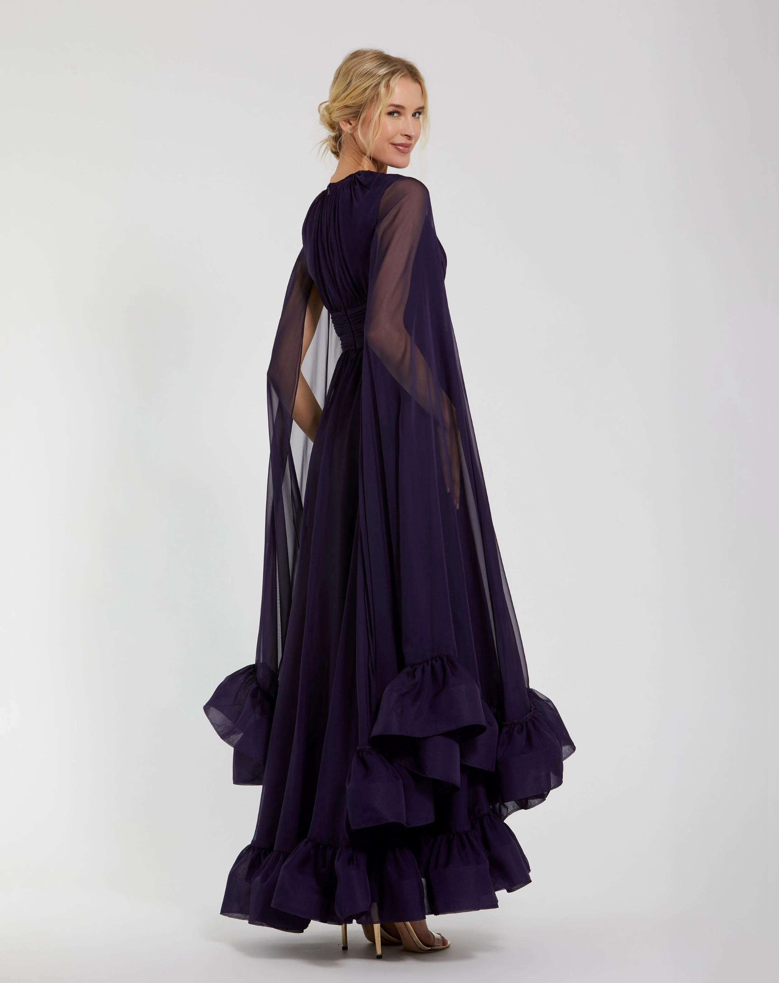 Purple Chiffon Cape Sleeve Ankle-Length Dress With Keyhole
