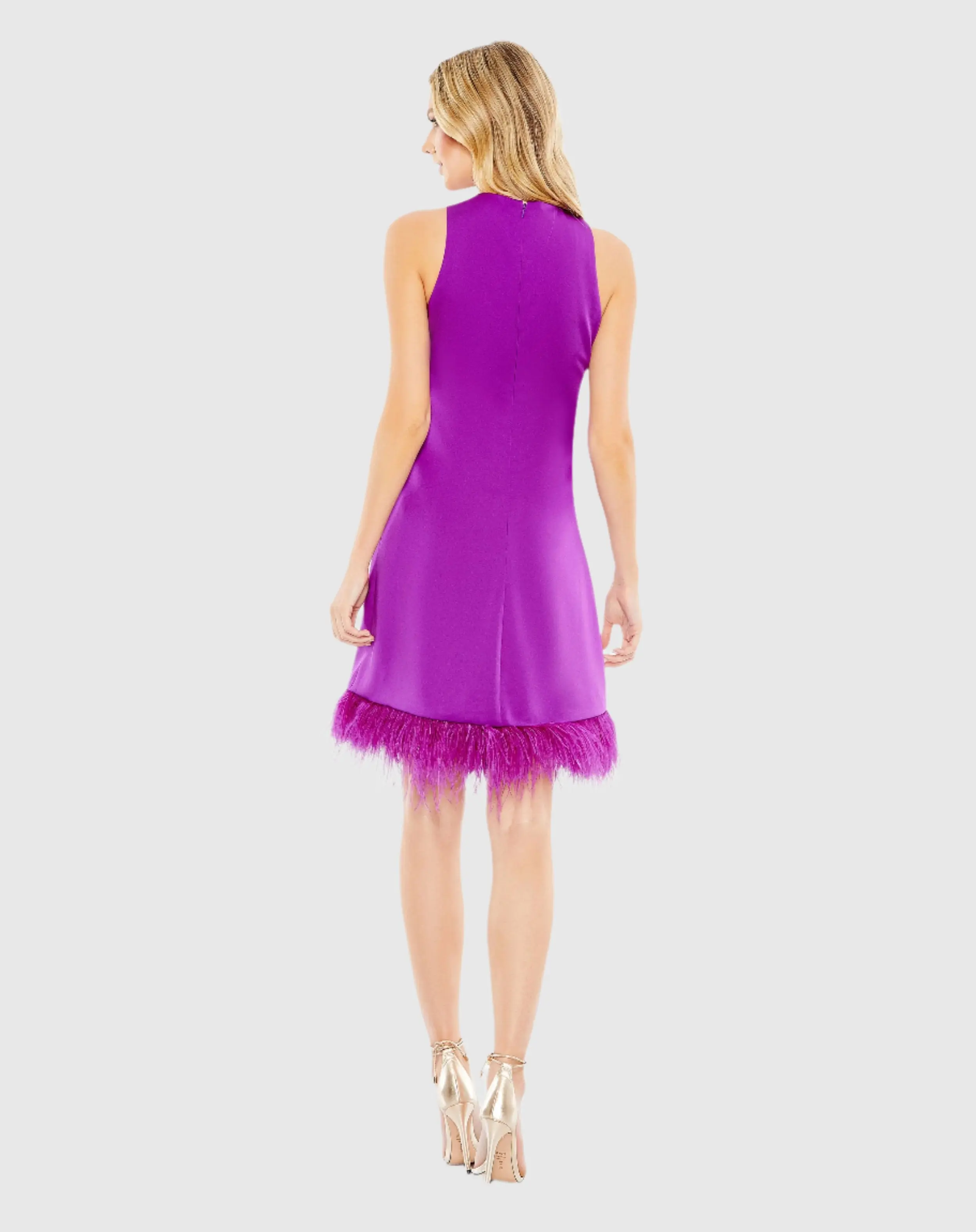Purple Feathered Hem High Neck Sleeveless A Line Dress