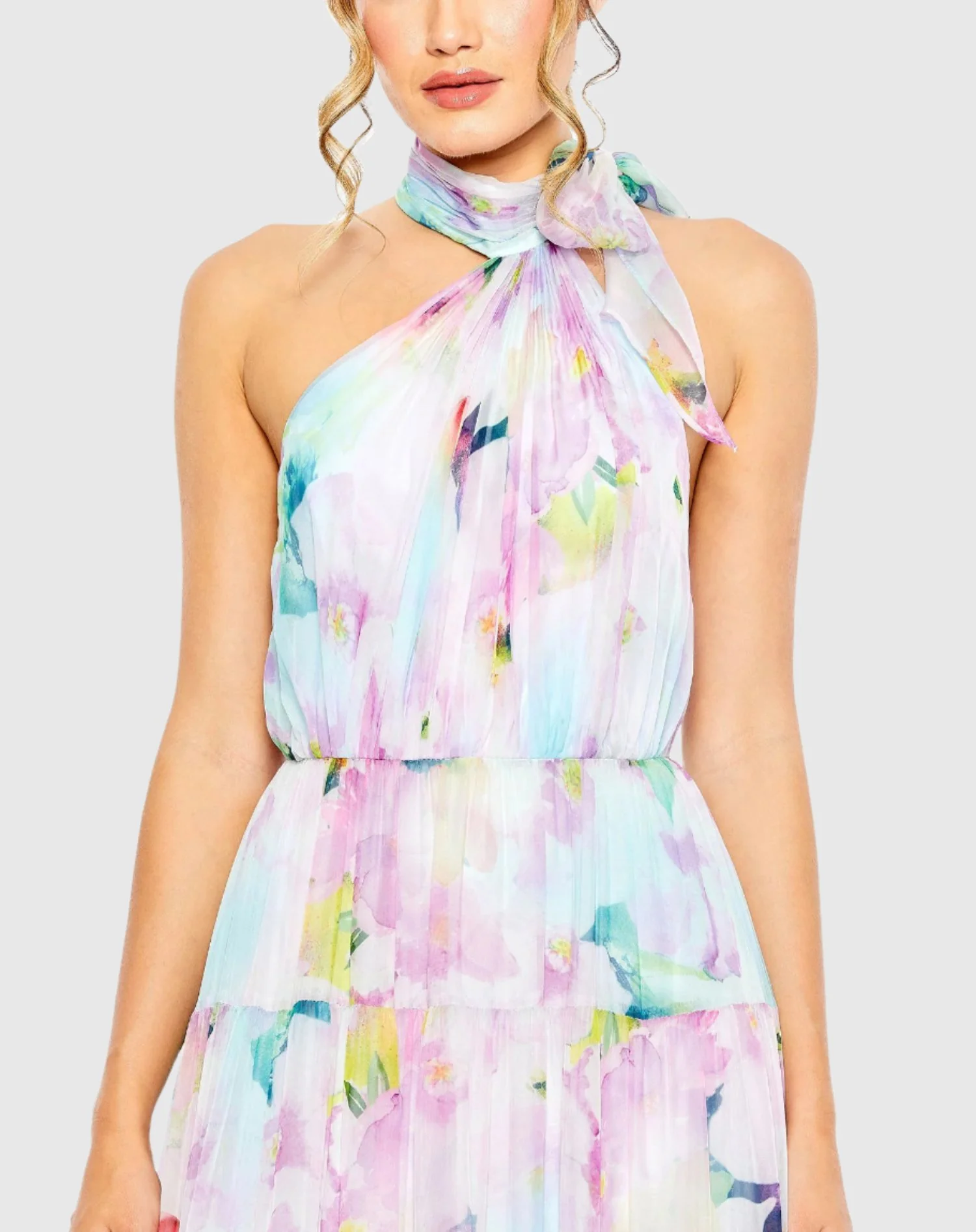 Floral Print Asymmetrical Halter Neck Tiered Gown