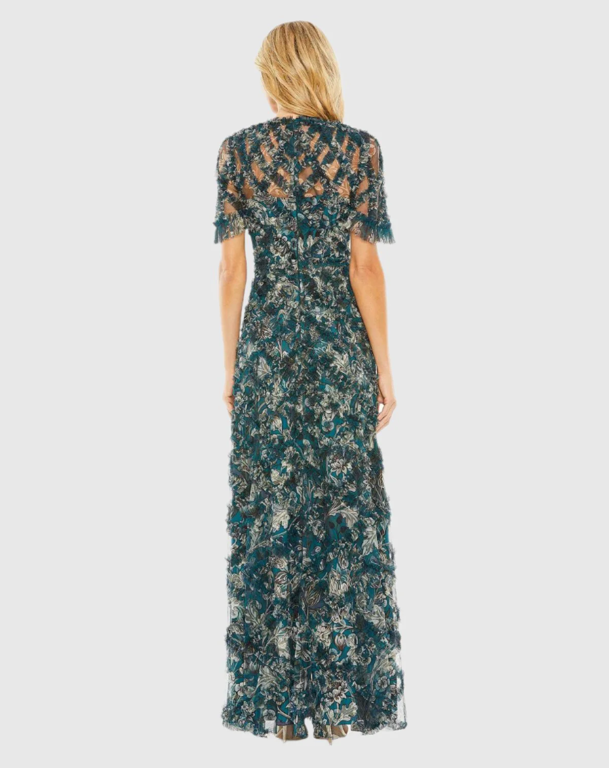 Blue Flutter Sleeve Floral Ruffle Detail Maxi Dress