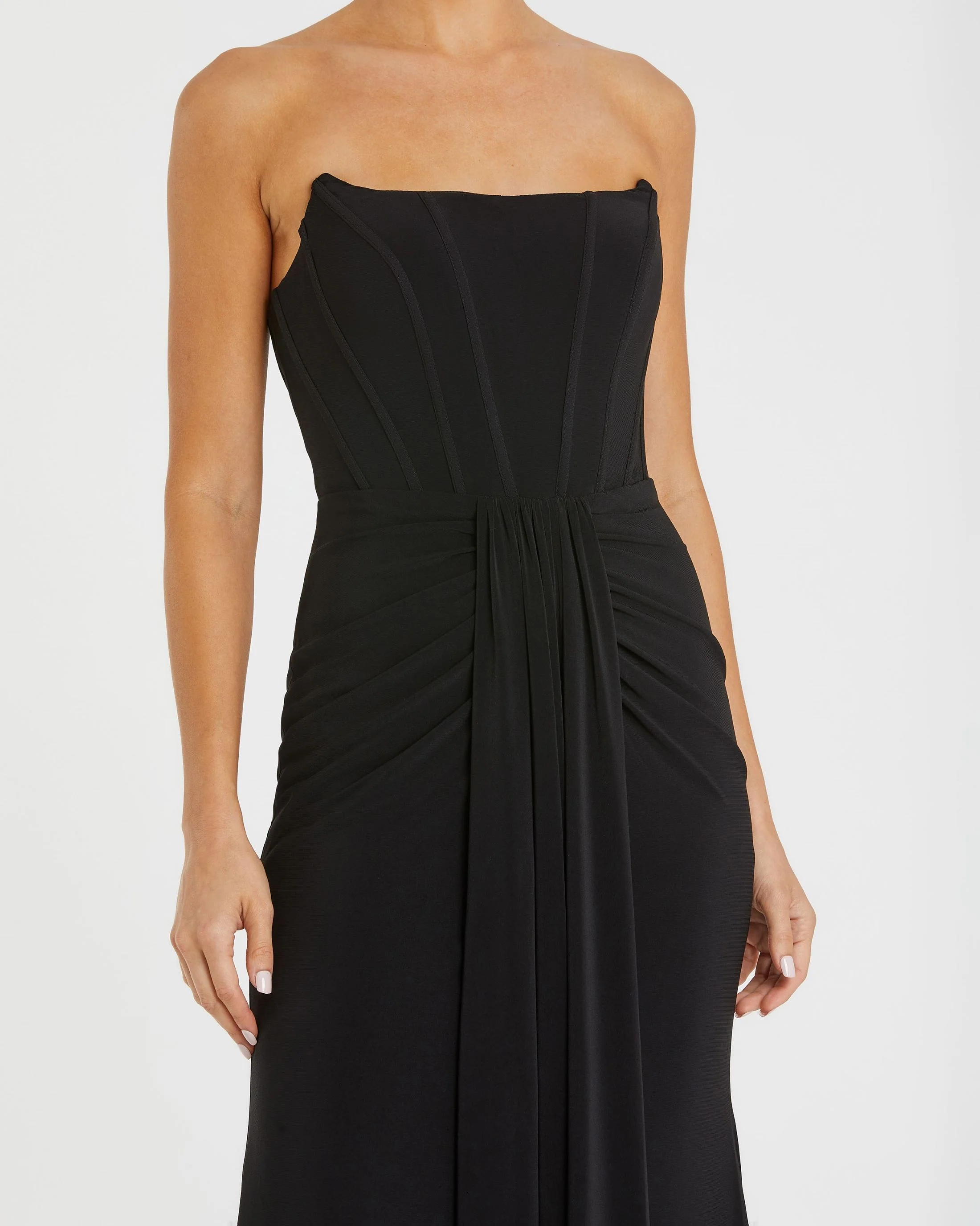 Black Strapless Sweetheart Jersey Gown With Waist Detail