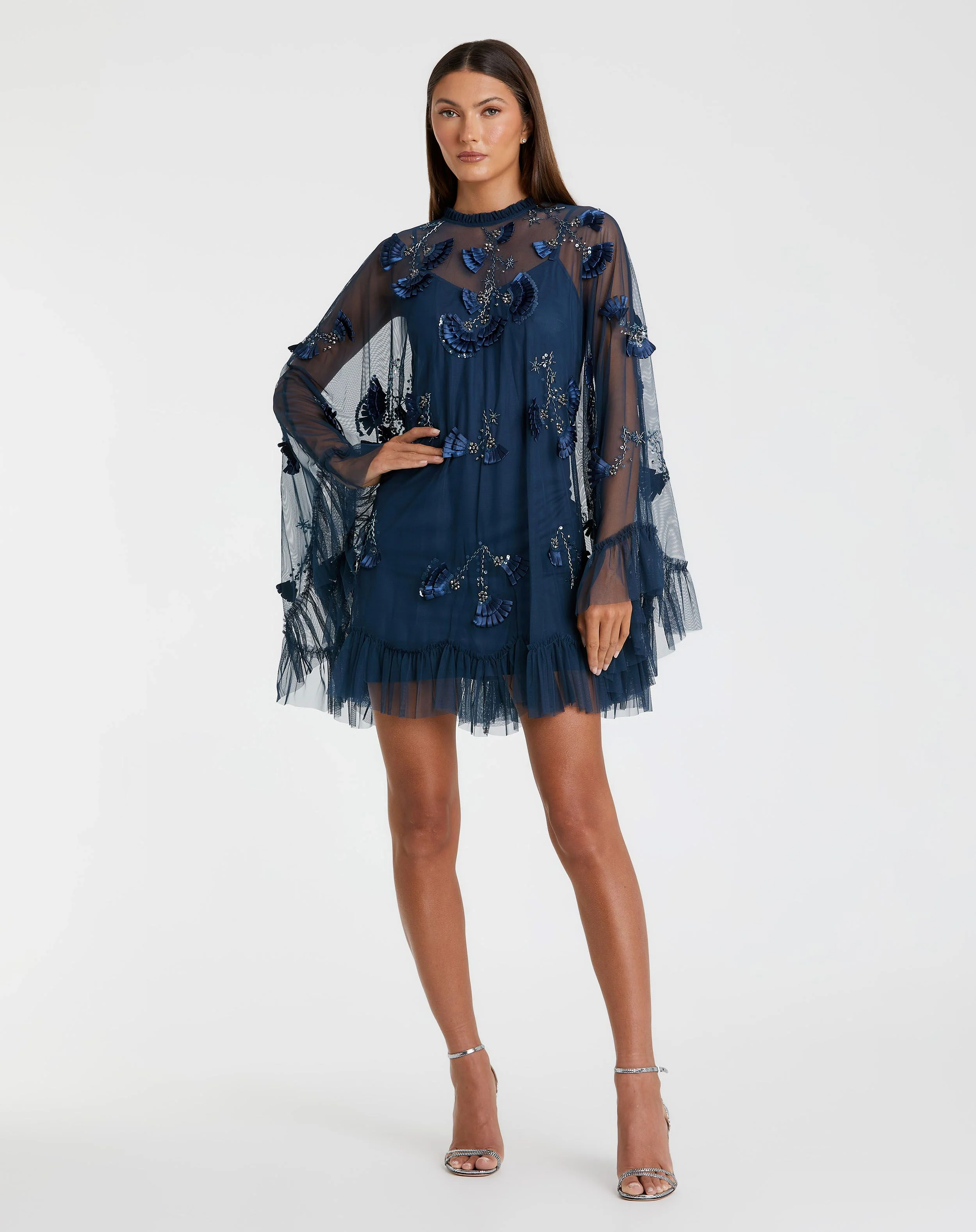 Navy Embellished Long Flare Sleeve Mesh A-Line Dress