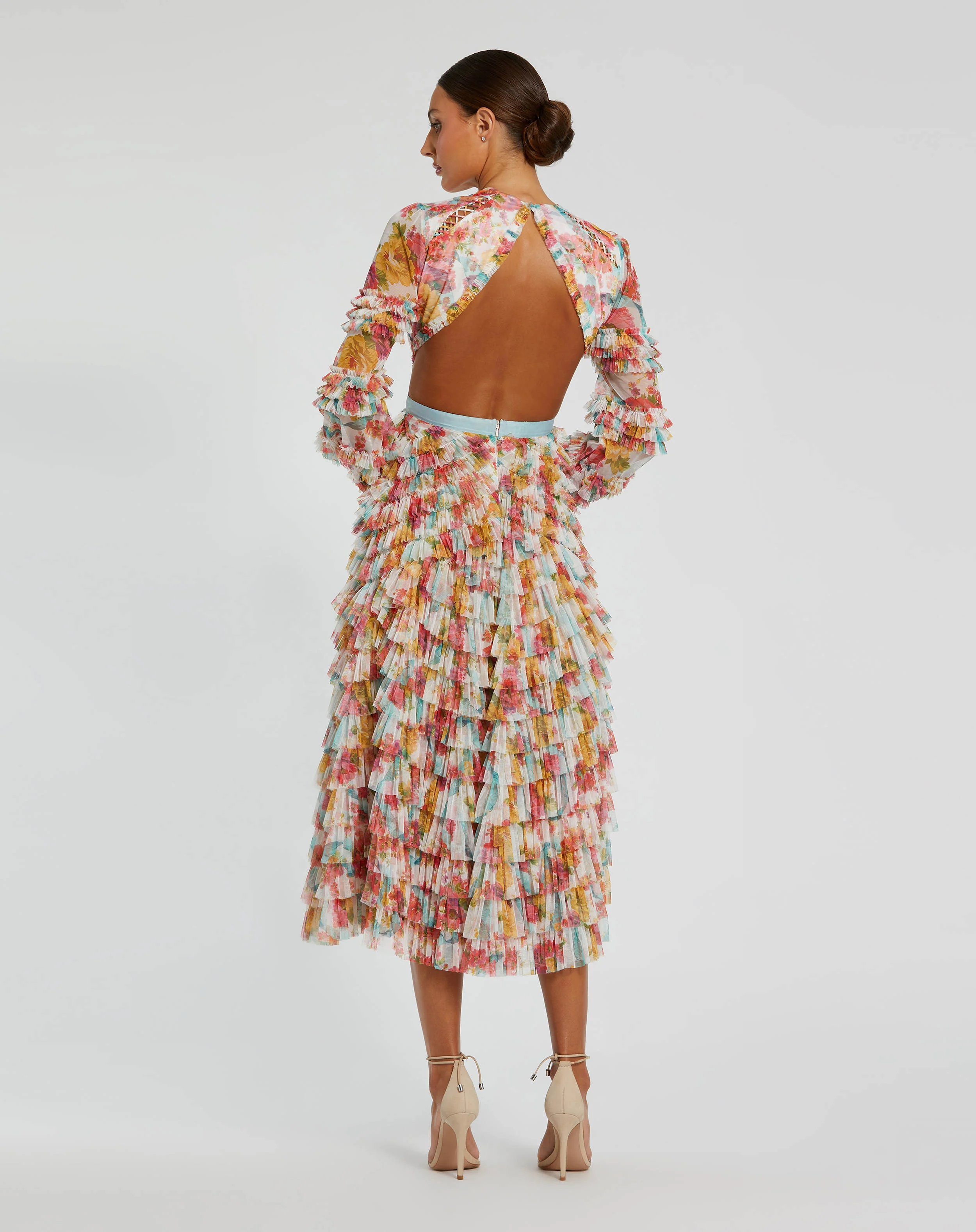 Long Sleeve Tiered Ruffle Cutout Criss Cross Dress