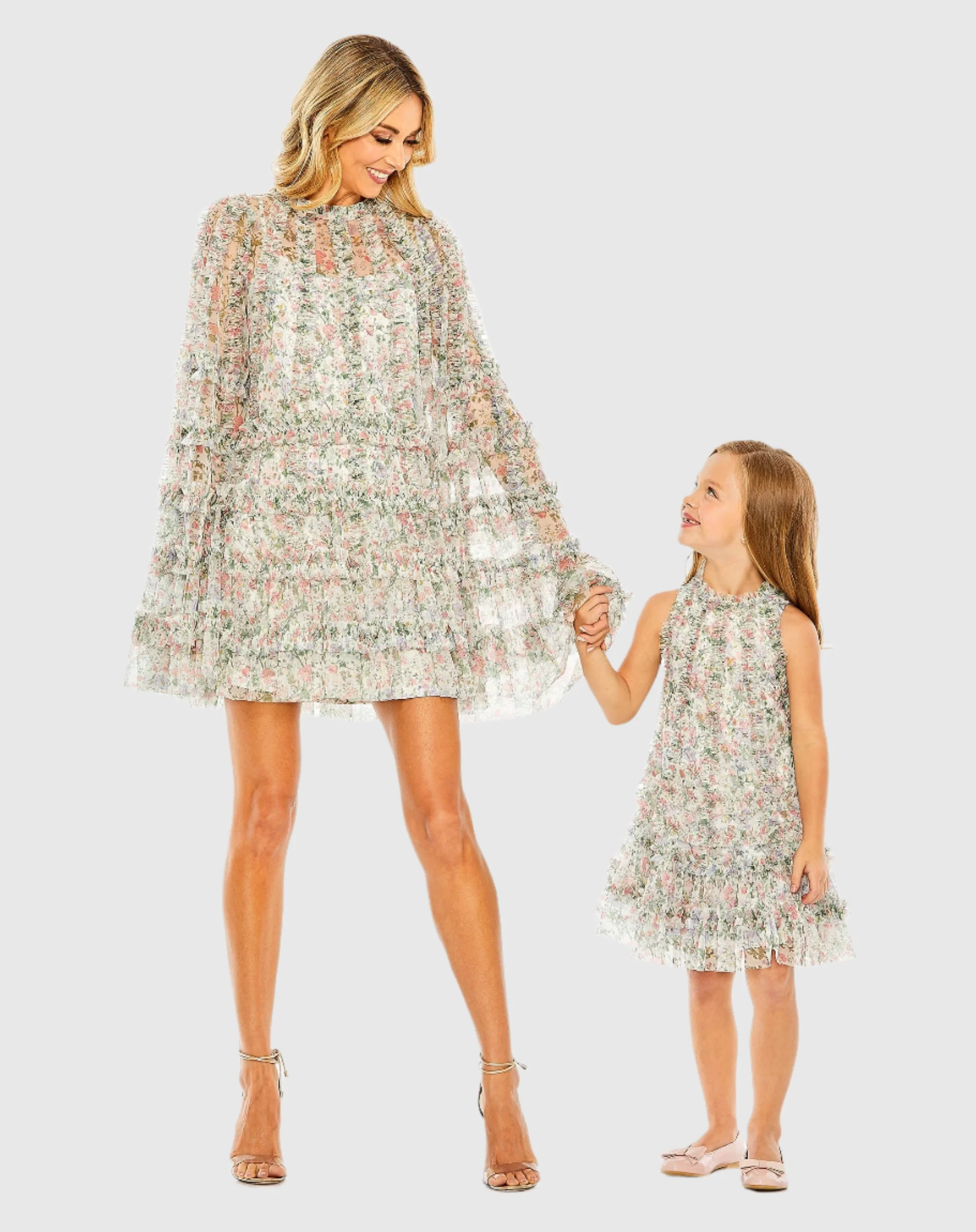 Girls Mesh Floral Print A-Line Dress