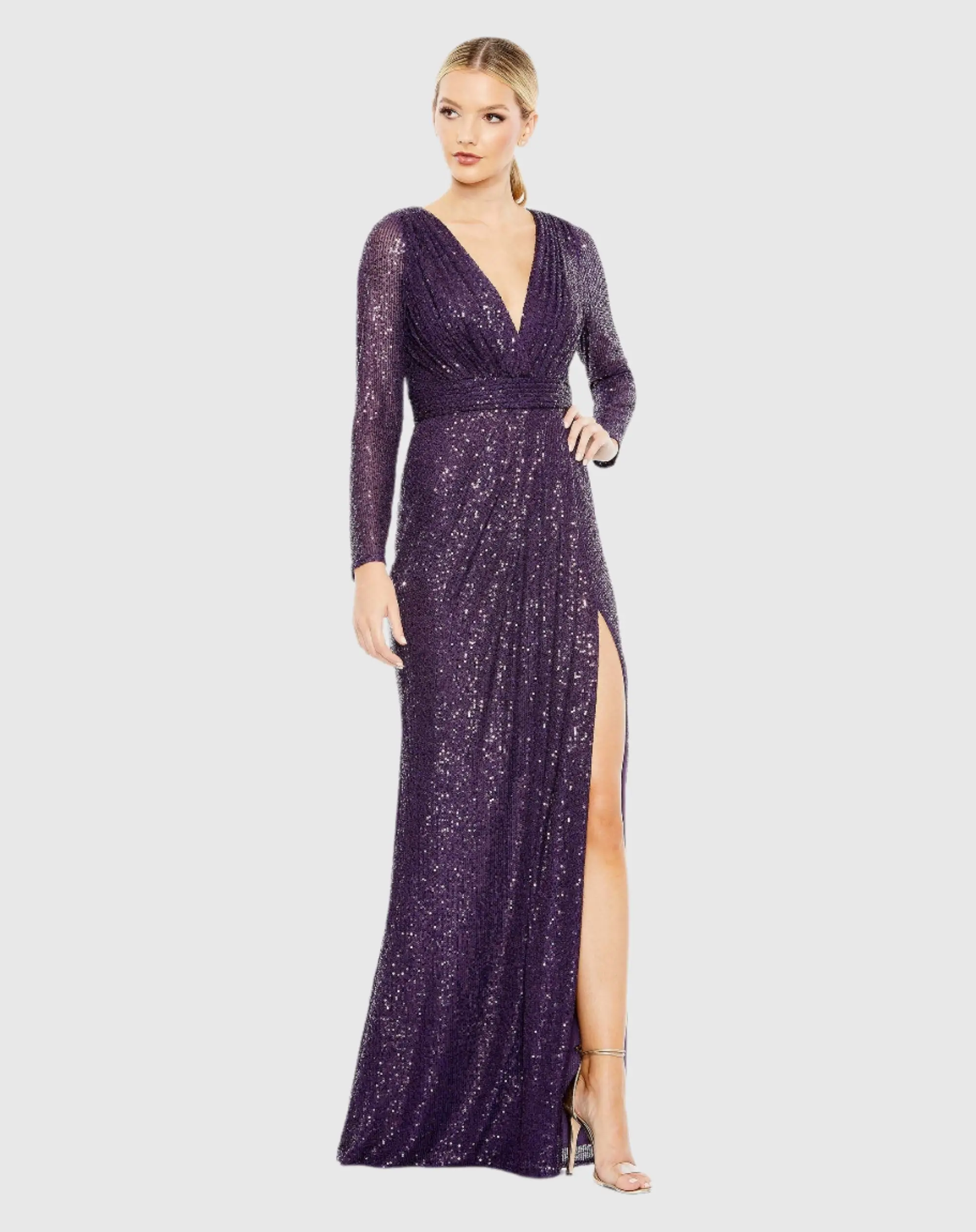 Purple Sequined Long Sleeve Gown