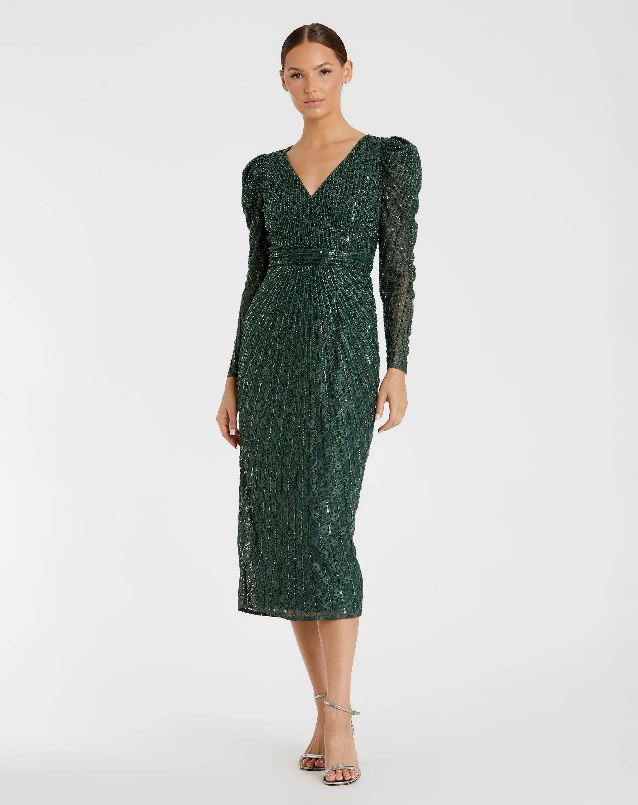 Green Beaded Lace Long Sleeve Midi Dress