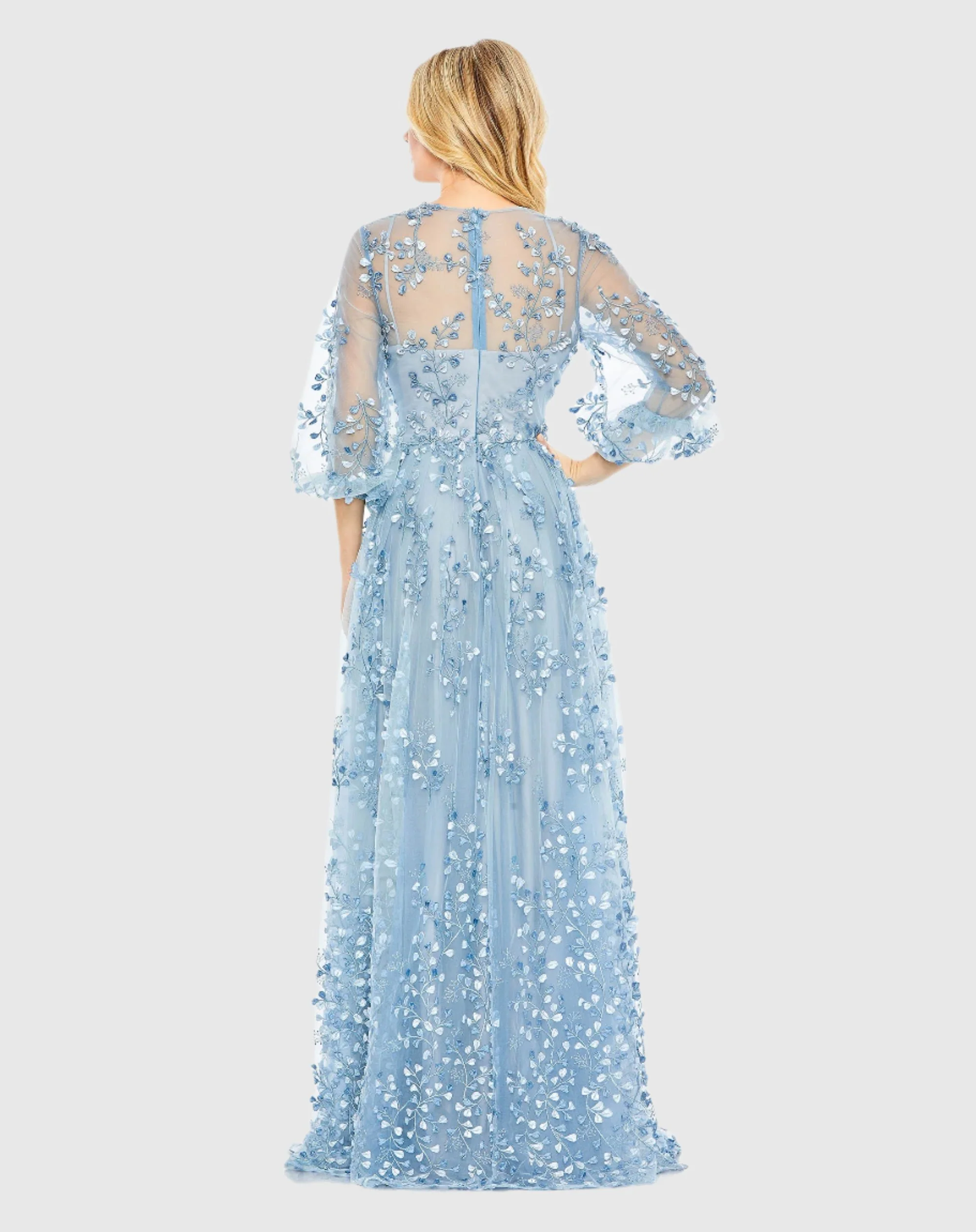 Blue Embroidered Puff Sleeve A-Line Gown