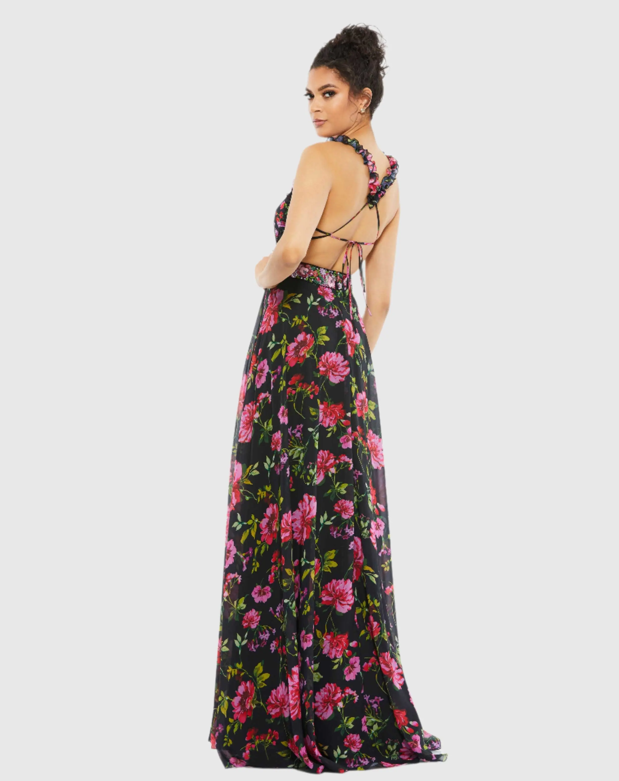 Embellished Belt Ruffled Halter Strap Gown