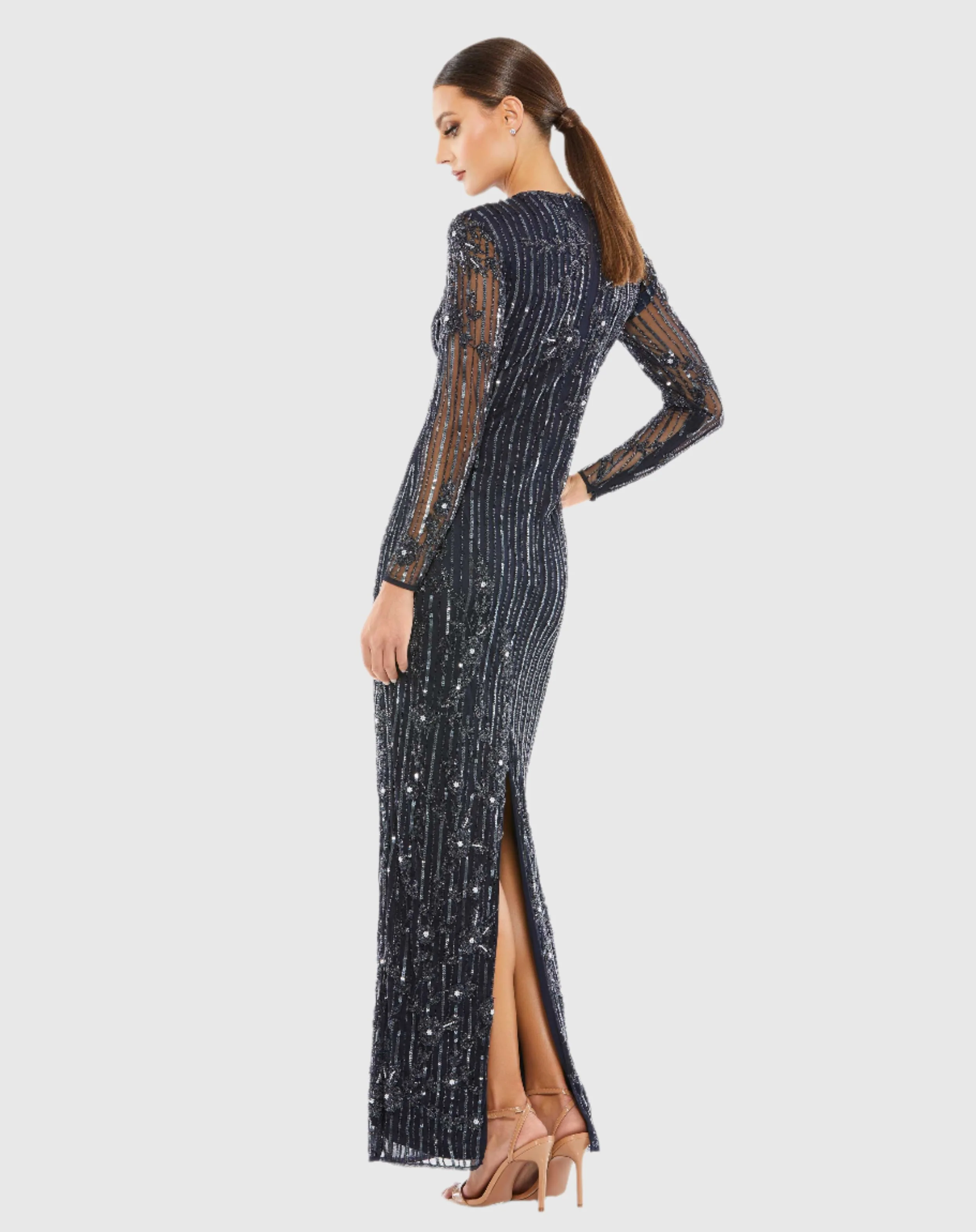 Dark Blue Embellished High Neck Illusion Long Sleeve Gown