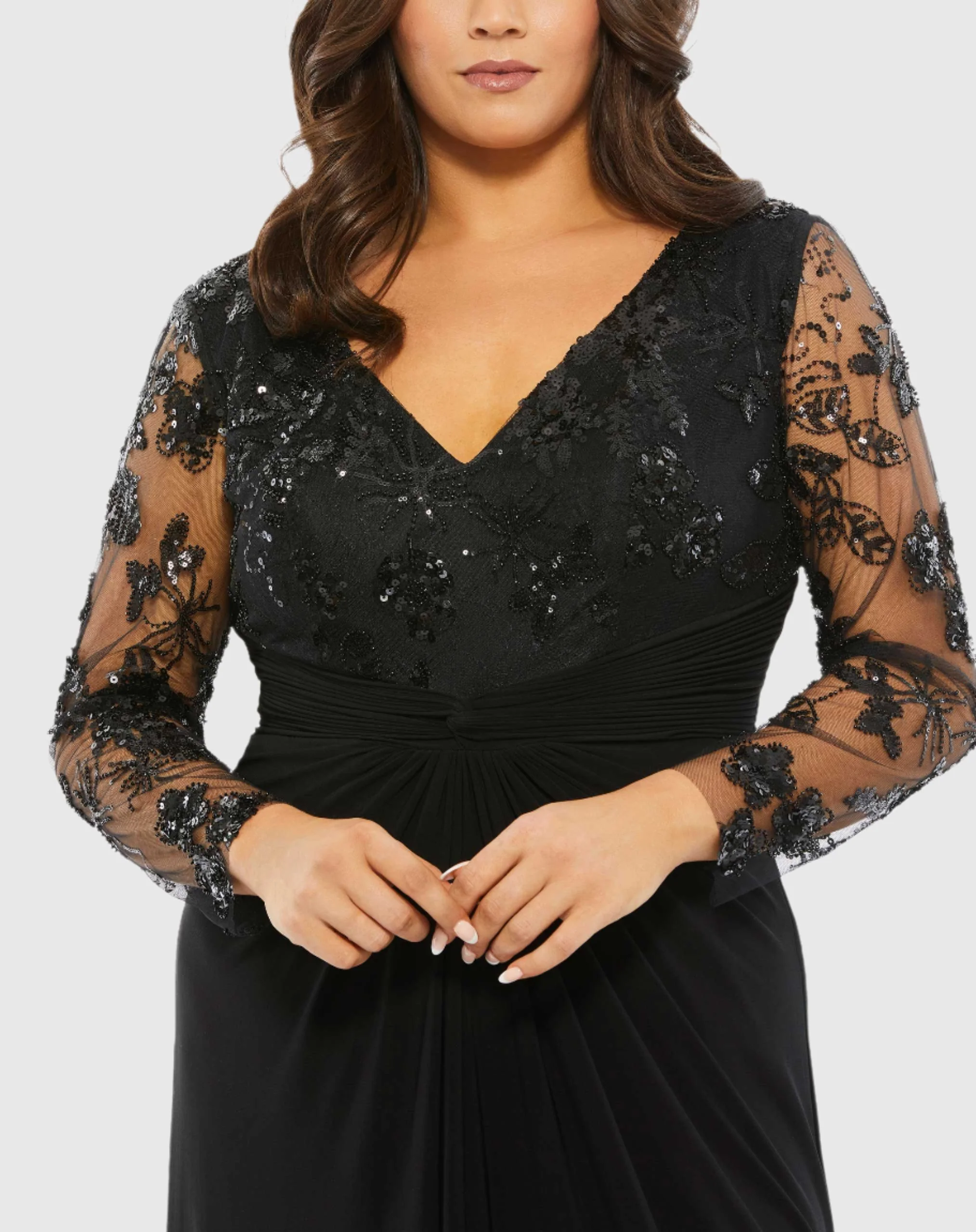 Front Twist Embellished Illusion Long Sleeve Gown (Plus)