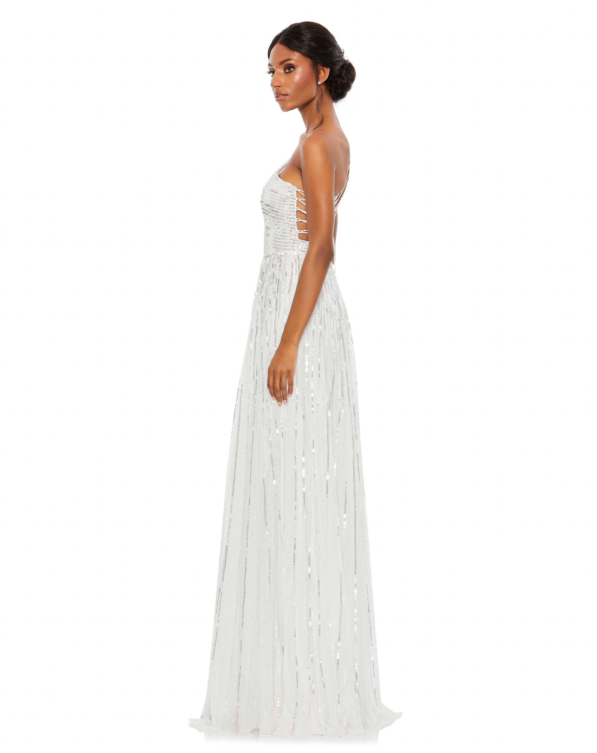 Sequined One Shoulder Flutter Sleeve A Line Gown - FINAL SALE