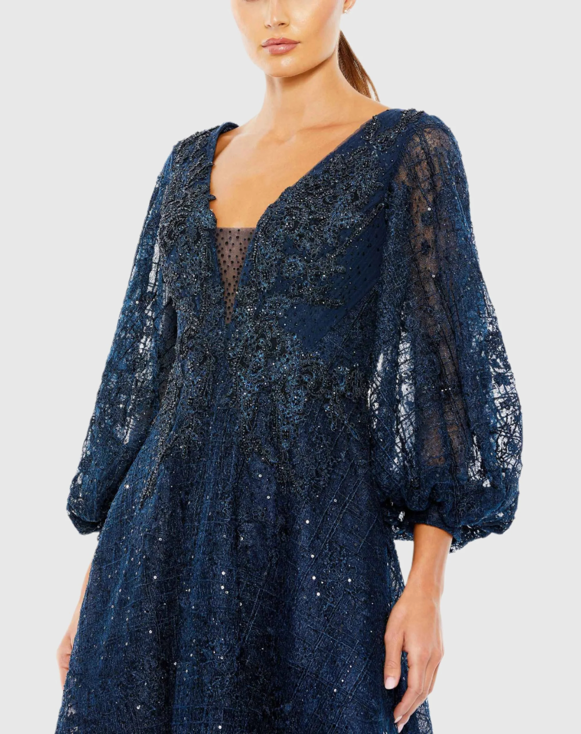 Blue Embellished Plunge Neck Bishop Sleeve Dress