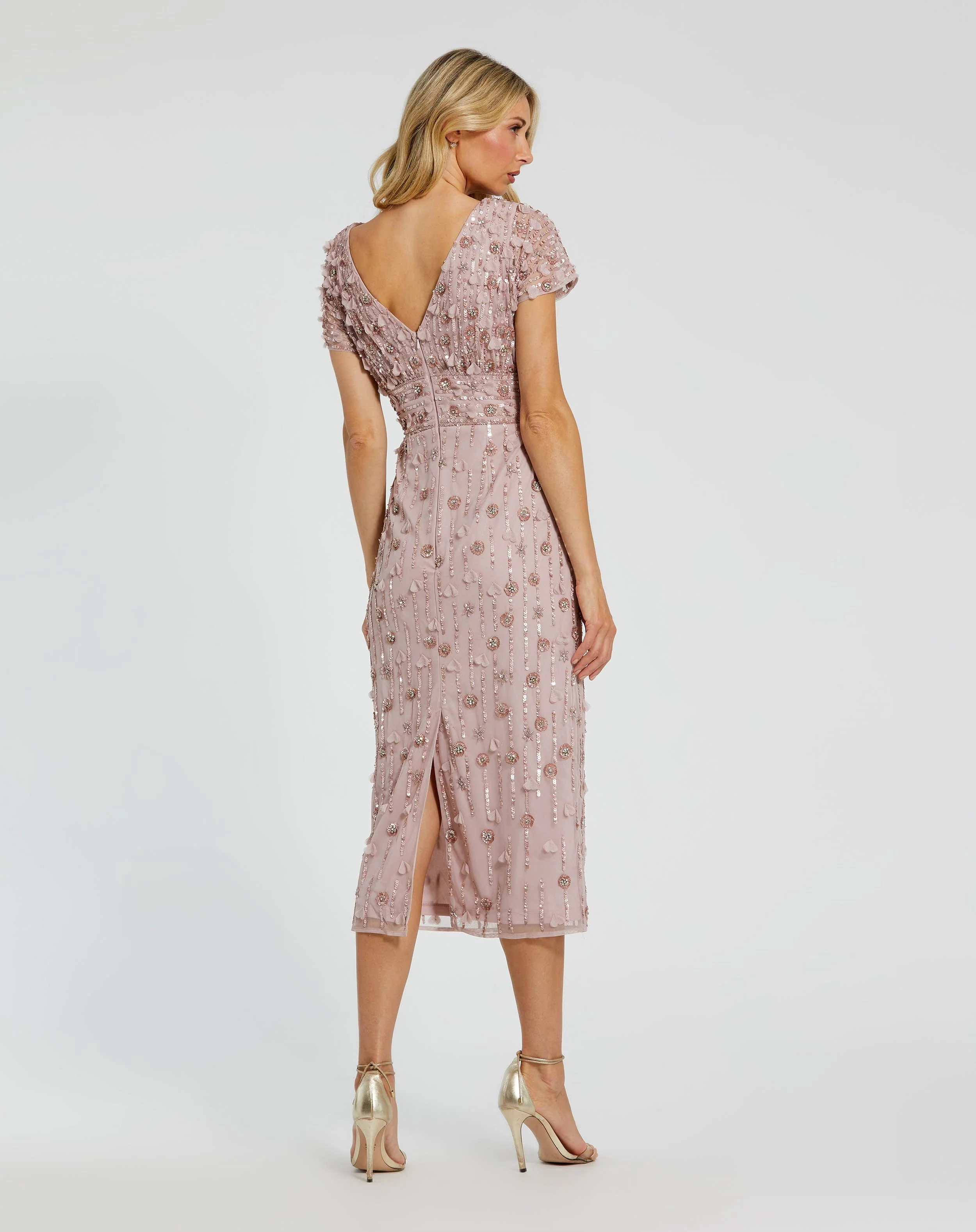 Pink Cap Sleeve Column Midi Dress With Floral Beading