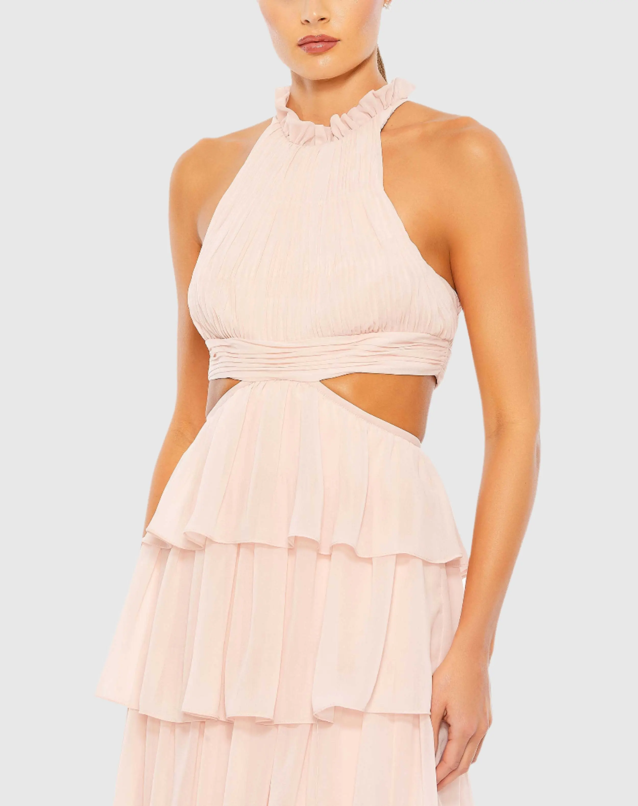 Tiered Ruffle Pleated High Neck Gown