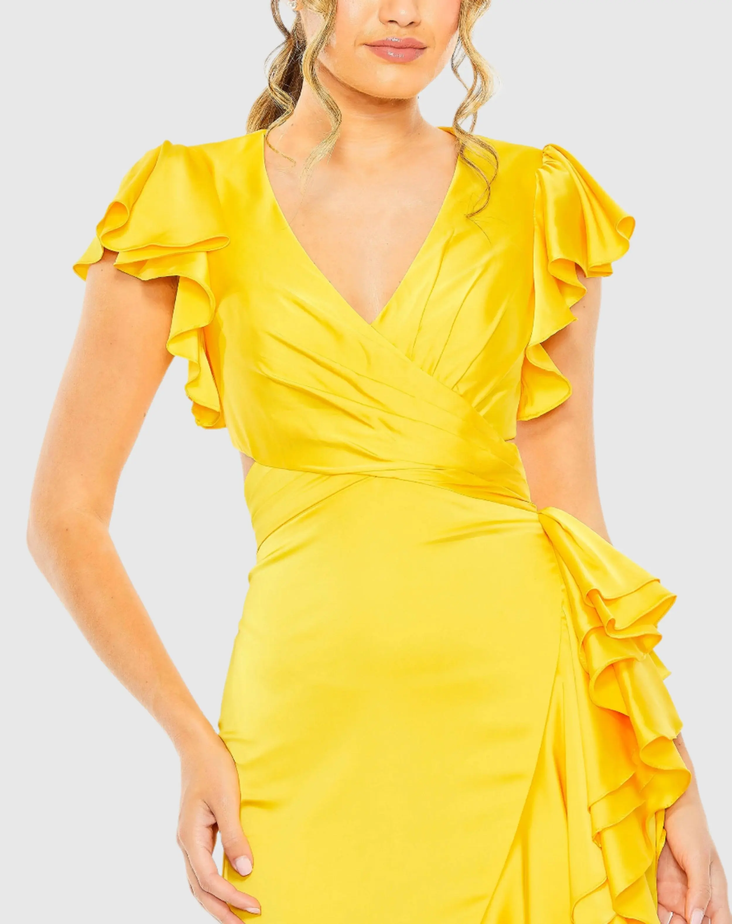 Yellow Flutter Sleeve Cut Out Asymmetrical Ruffled Gown