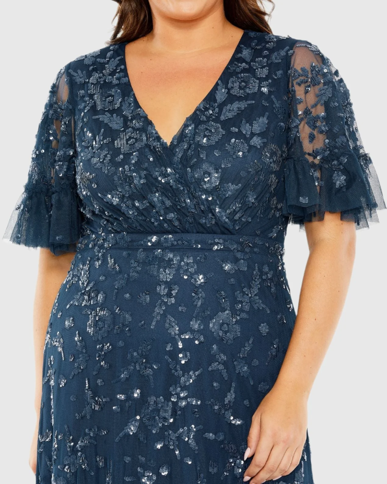 Navy Sequin Embellished Flutter Sleeve Faux Wrap V-Neck Tiered Gown