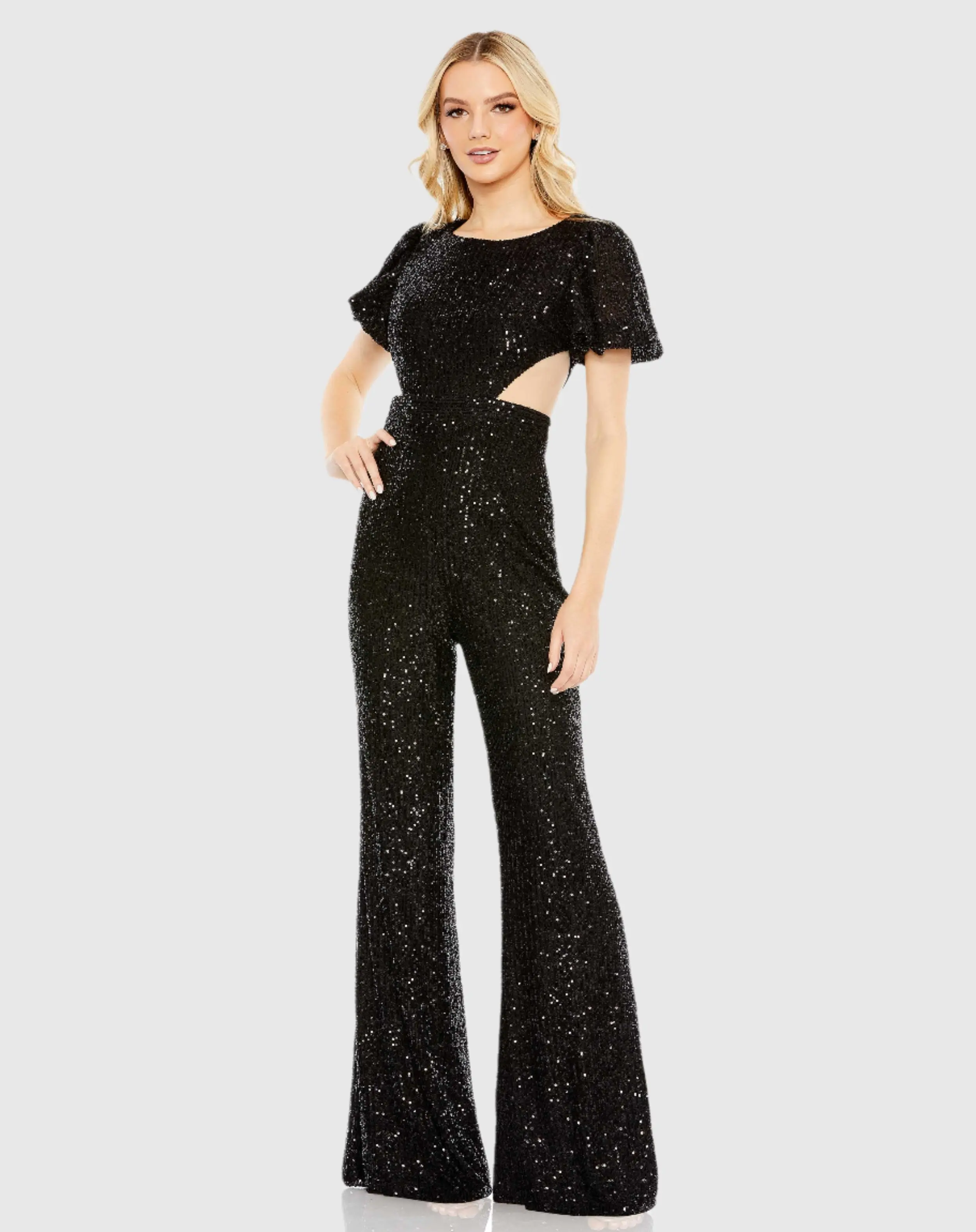 Black Sequined Puff Shoulder Illusion Cut Out Jumpsuit - FINAL SALE