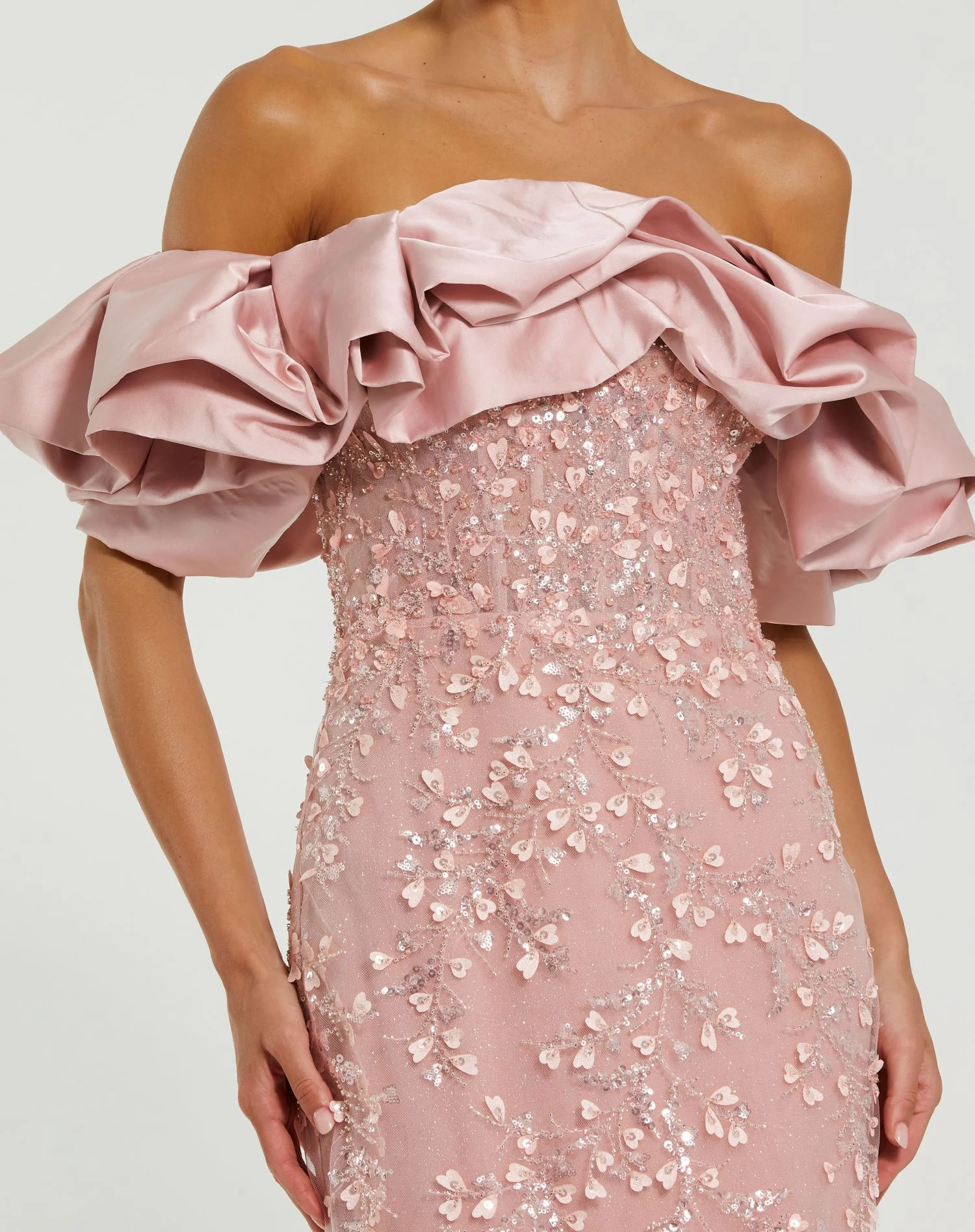 Pink Beaded Applique Off The Shoulder Mermaid Gown