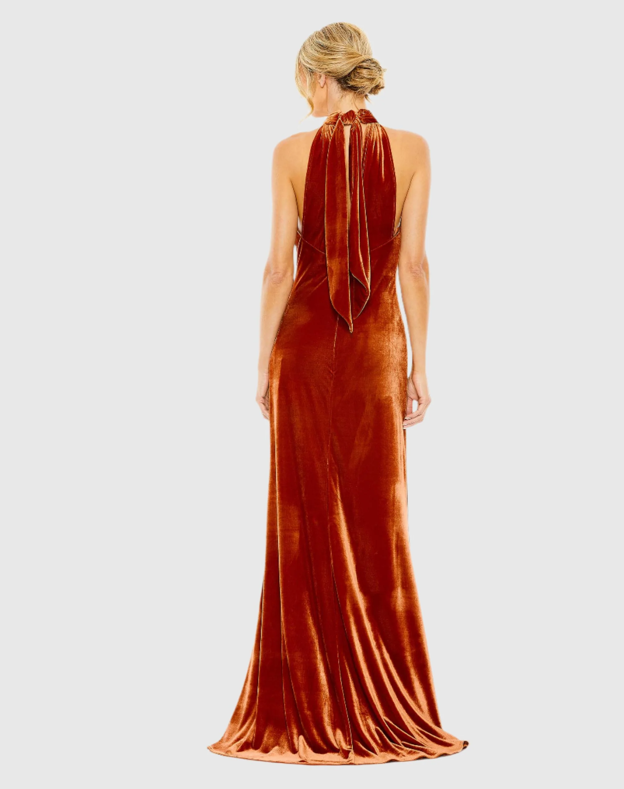 Orange Halter Tie Front Slit Velvet Column Gown
