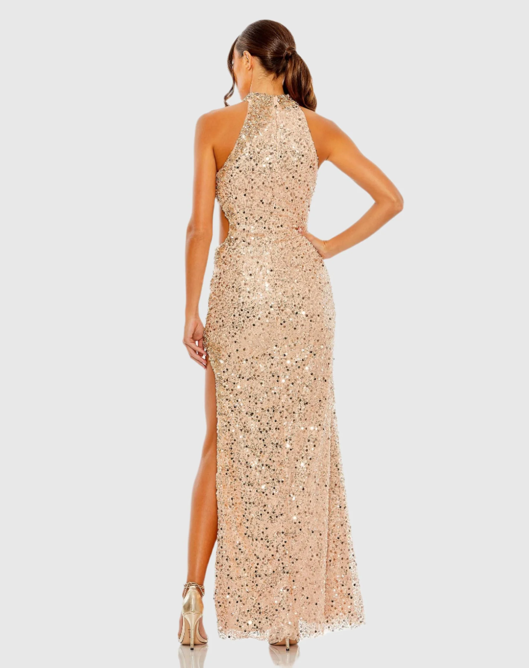 Gold Side Cut Out High Neck Sequin Gown