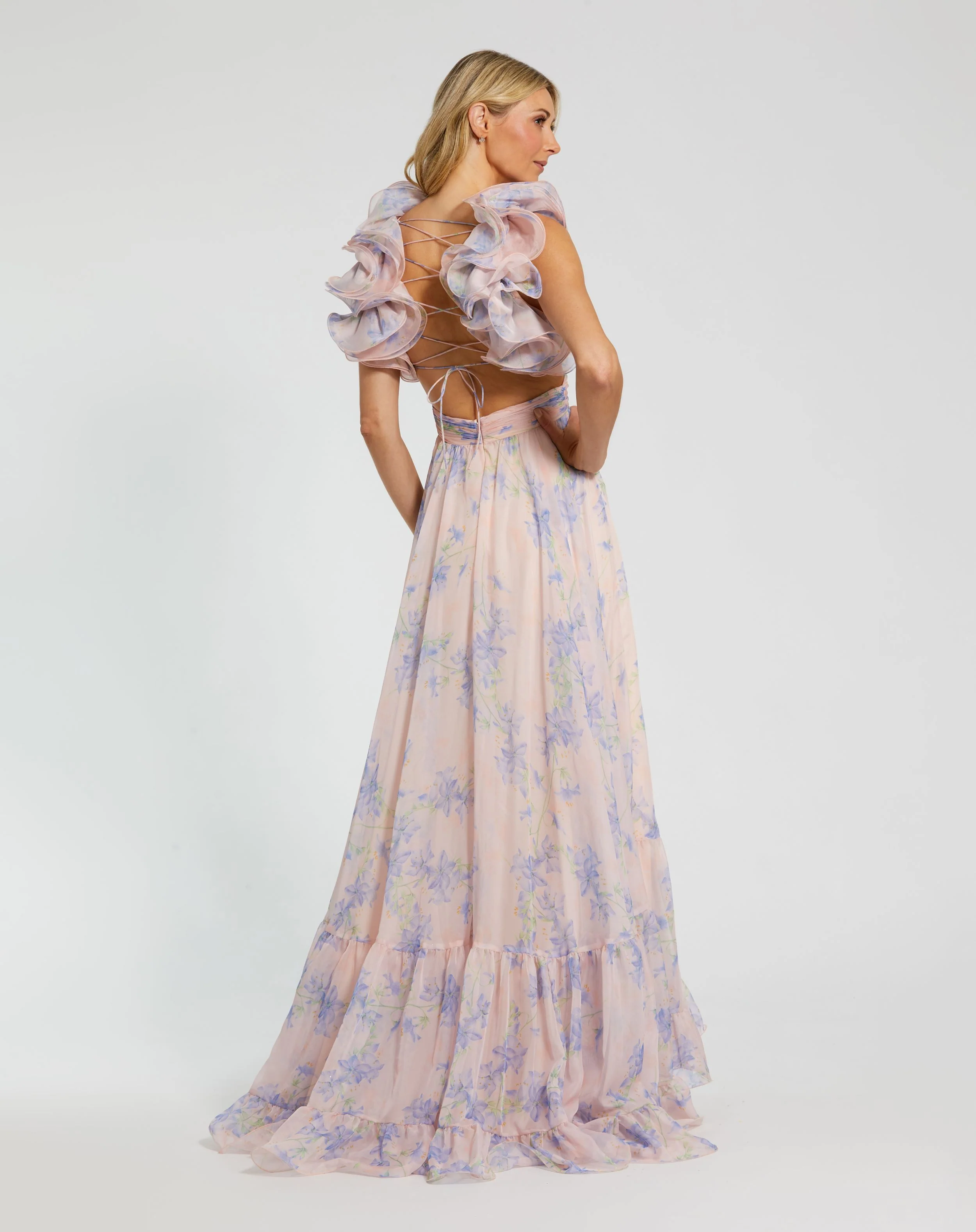 Pink Ruffle Tiered Floral Cut-Out Chiffon Gown