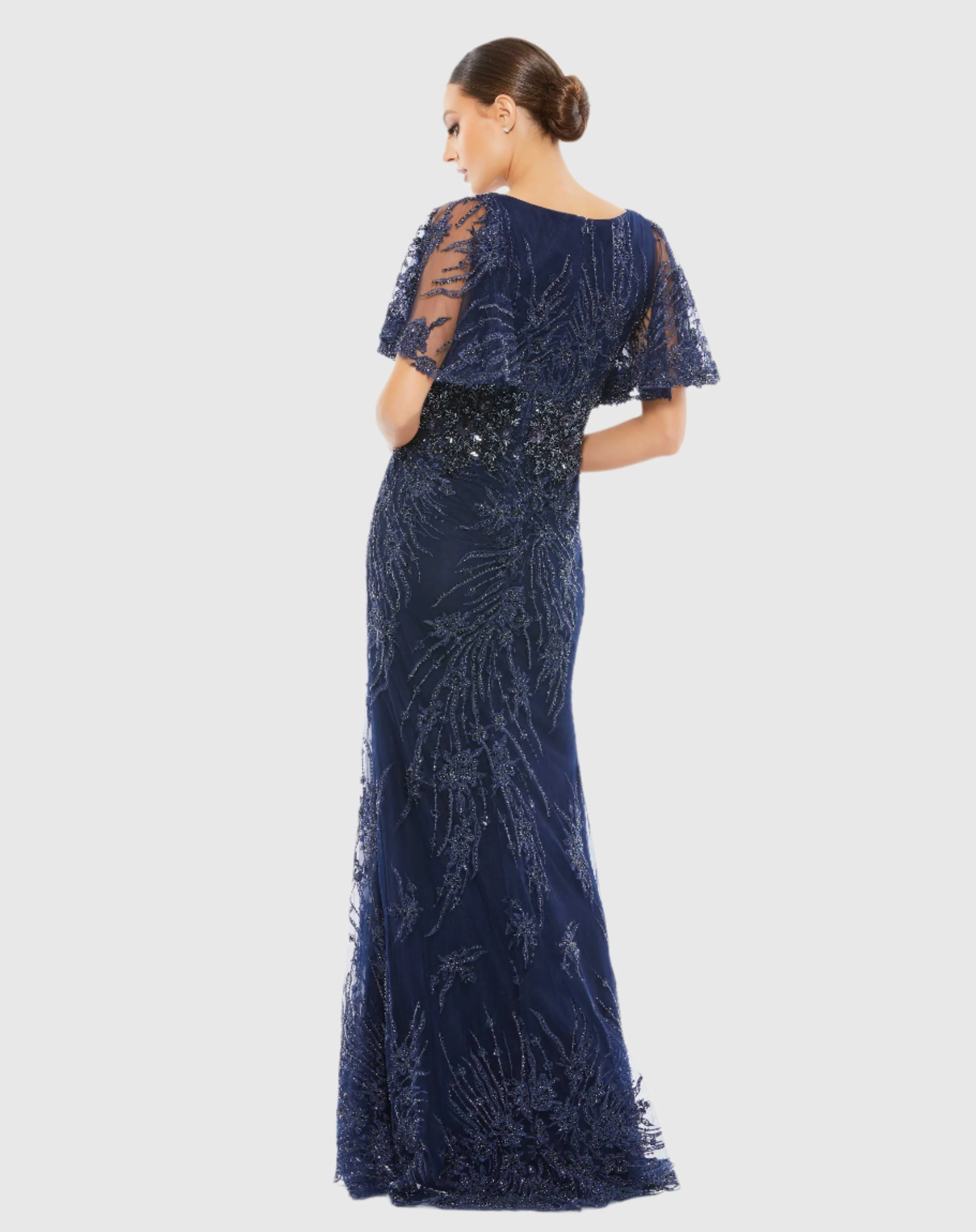 Navy Vintage Flutter Sleeve Evening Gown